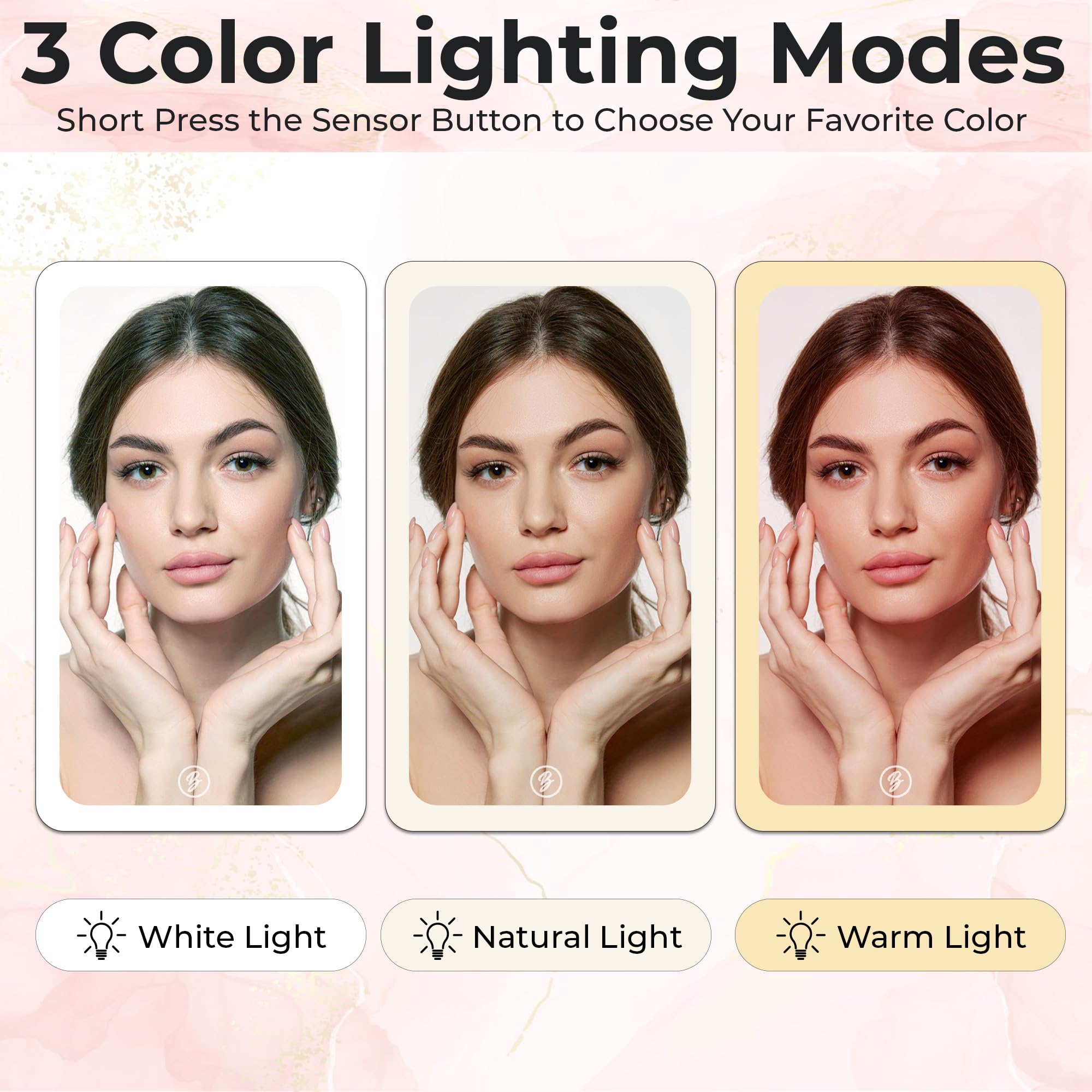 Reise-Make-up-Spiegel mit Lichtern – Rotgold, wiederaufladbarer LED-Leucht-Spiegel für Make-up mit 1X/3X/5X Vergrößerung – dimmbar, 3 Farben Beleuchtung, Touchscreen, tragbarer Spiegel mit