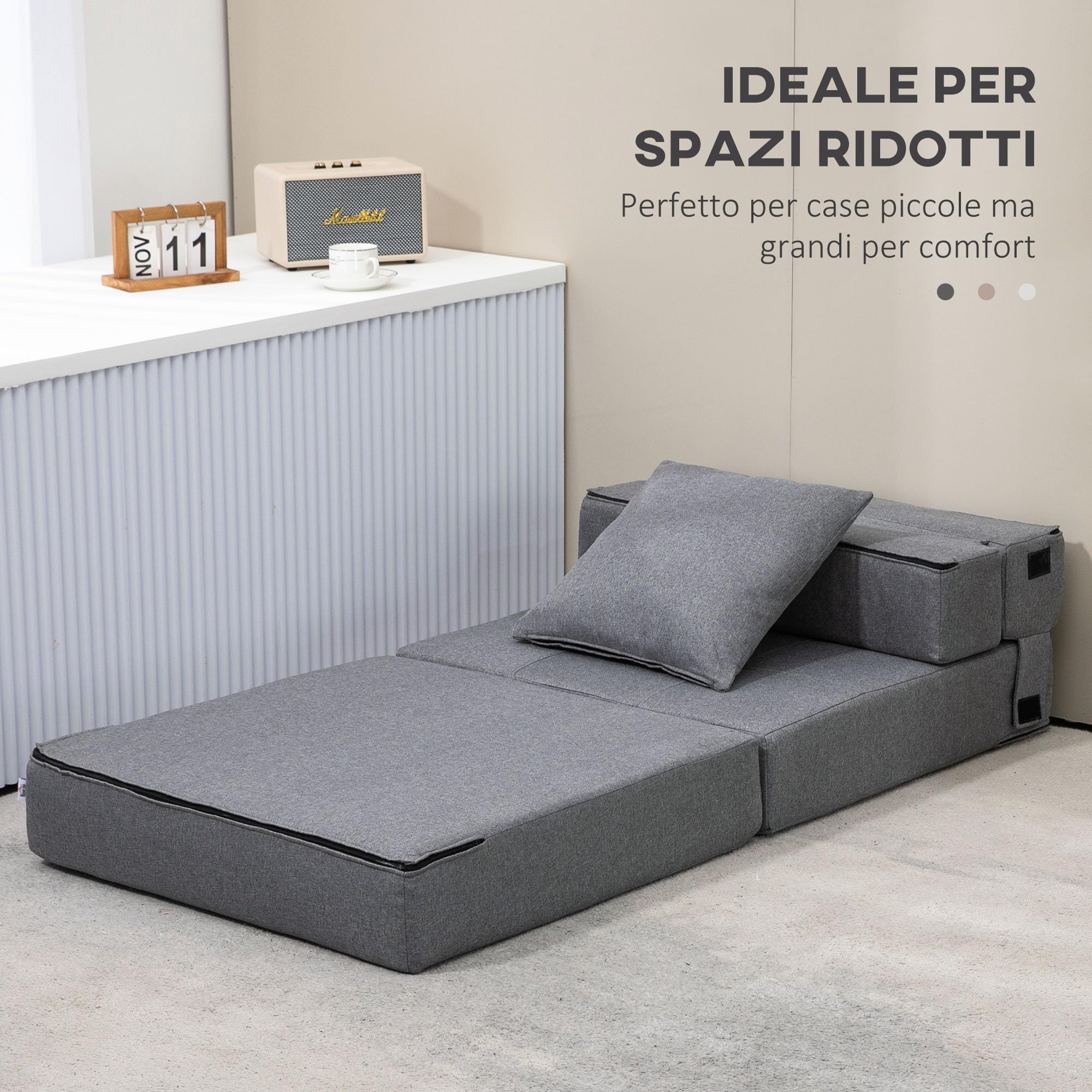 HOMCOM Divano Letto Futon Pieghevole 2 in 1 Convertibile con Cuscino Lavabile, Pouf Letto Singolo da Terra Poltrona Letto Salvaspazio in Tessuto Cotone Traspirante per Casa Yoga Lettura, Grigio Chiaro