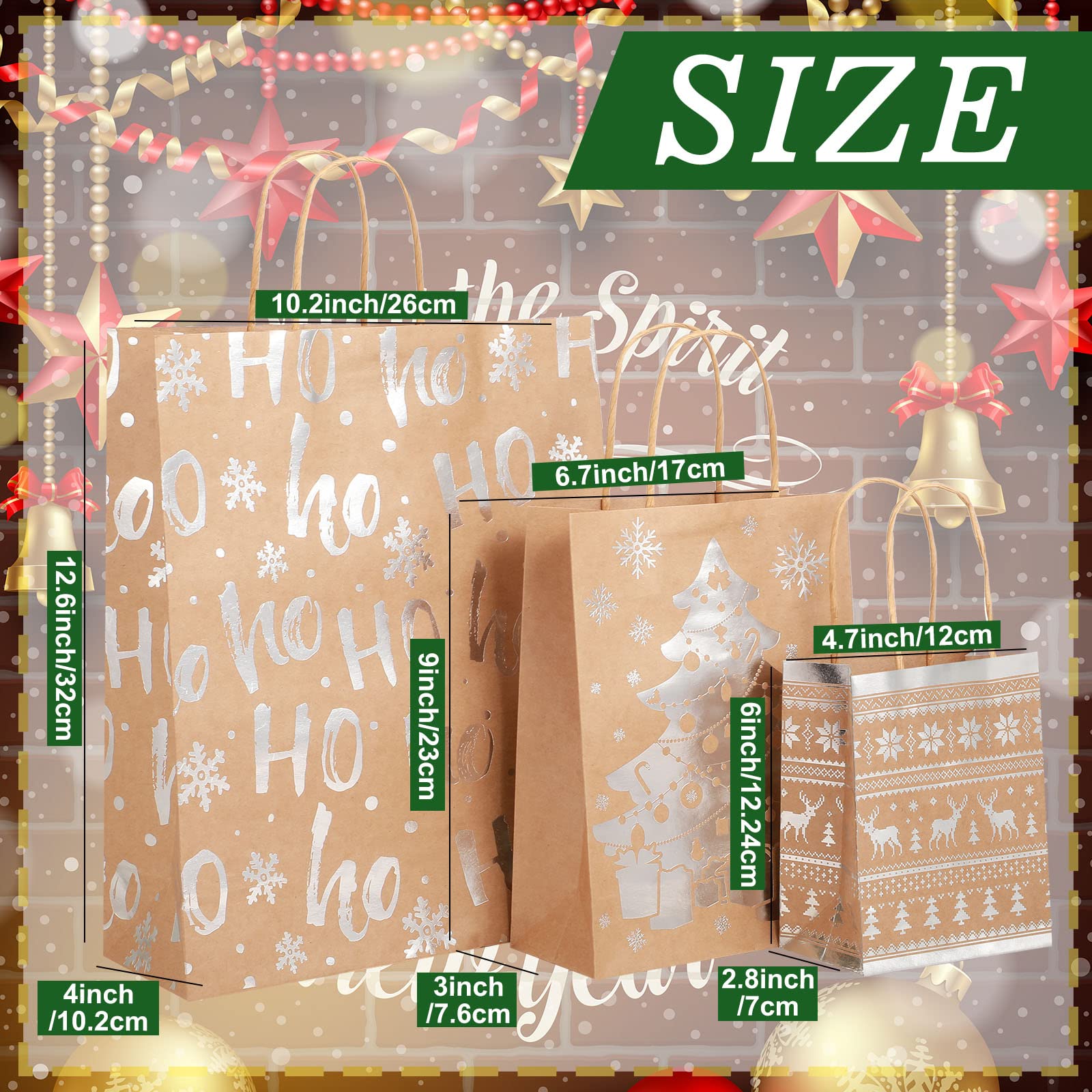 Nezyo 18 Pcs Christmas Kraft Paper Bags Xmas Gift Bags Multipack with Handle Bronzing Metallic Gift Treat Goodie Assorted Sizes Bulk for Holiday New Year Party Packaging Decor(Silver) - Image 2