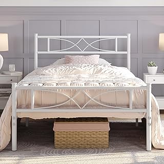 Yaheetech 3ft Single Bed Frames Metal Slatted Bed Platform with Curved Design Headboard and Footboard, Under-bed Storage, No Box Spring Needed, 12 Built-in Steel Slats, White