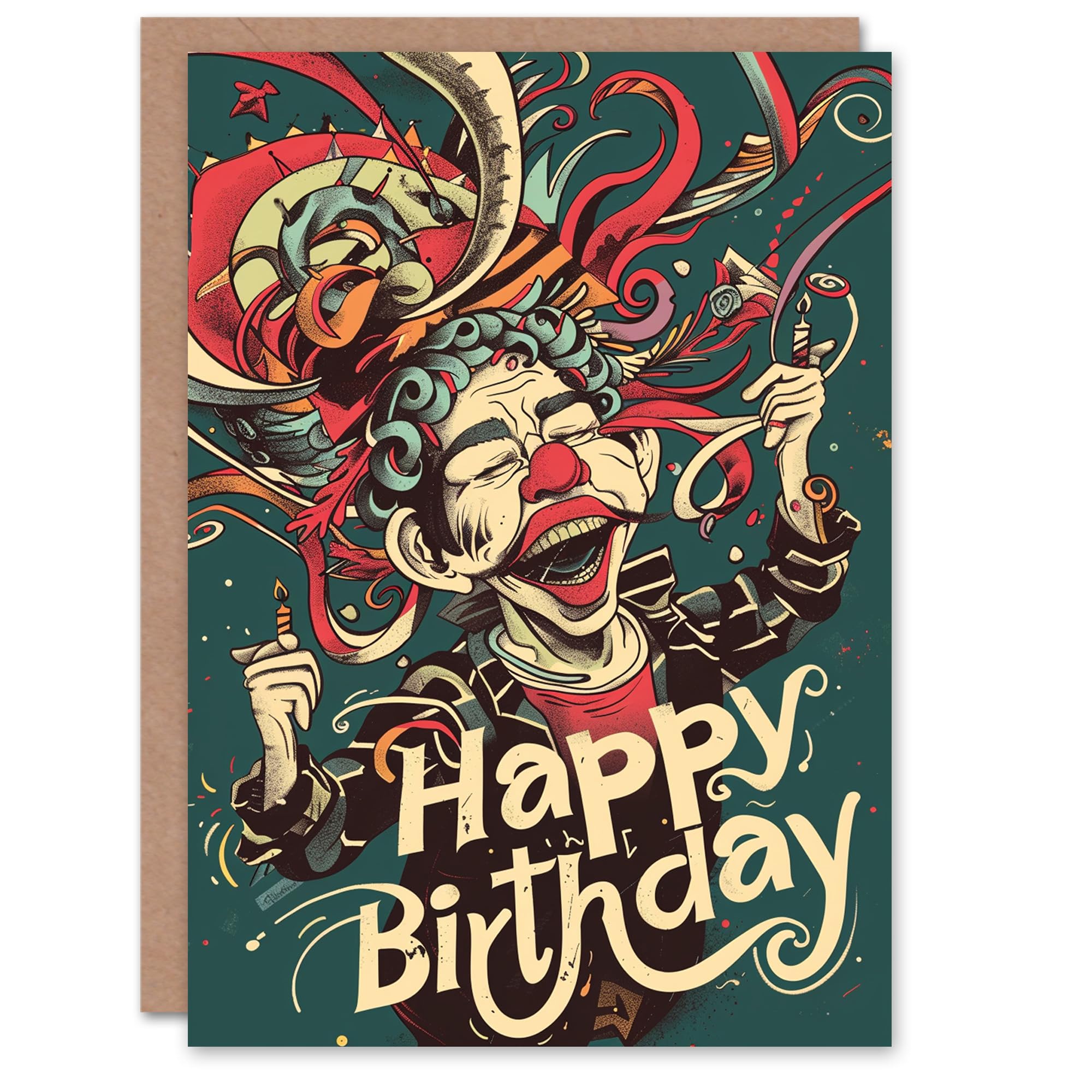 Artery8 Birthday Card Weird Clown Drawing Colourful Trippy For Him Man Male Dad Brother Son Papa Grandad Greeting Card