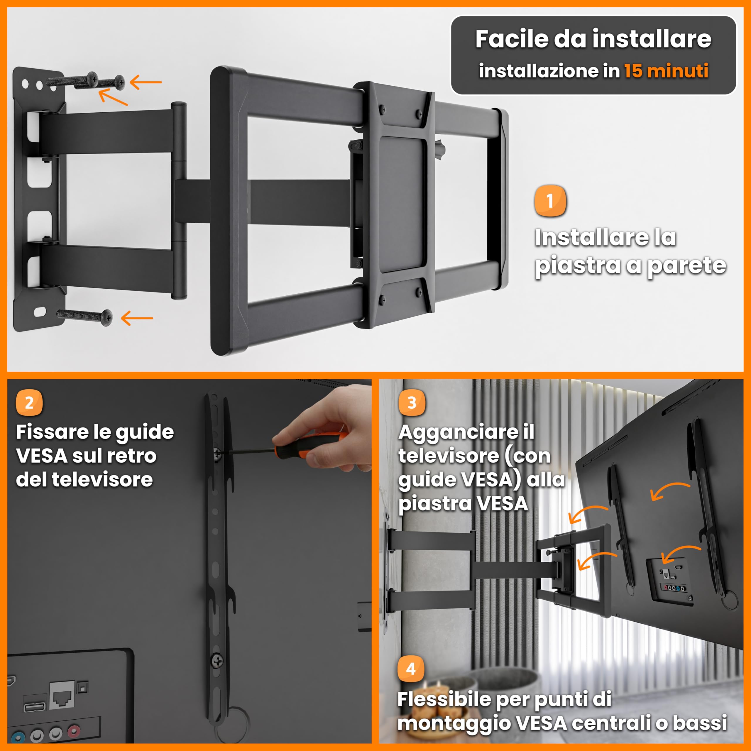 EasyLife ProMount HD75 Supporto a Parete Compatto per Televisori da 32 a 75 Pollici Fino a 50KG VESA 600x400mm - Design a Braccio Singolo, Orientabile e Inclinabile per LED, LCD con Gestione Dei Cavi