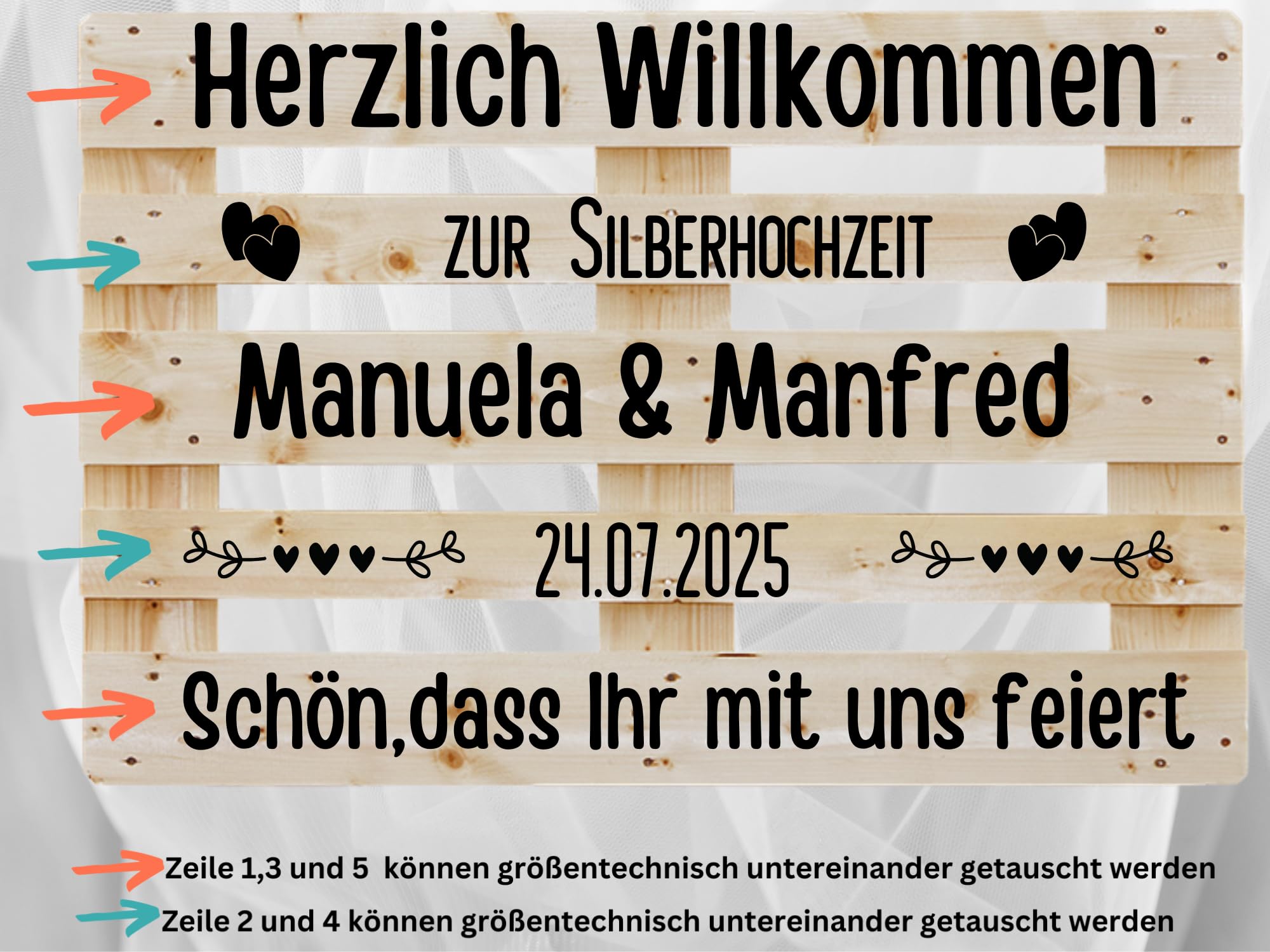 Aufkleber für Palette Silberhochzeit,Palettenaufkleber personalisiert mit Namen und Datum für 25 Jahre Ehe in Schwarz oder Weiß, Klebeschrift für Europalette, Diy Hochzeitspalette, Klebeschrift