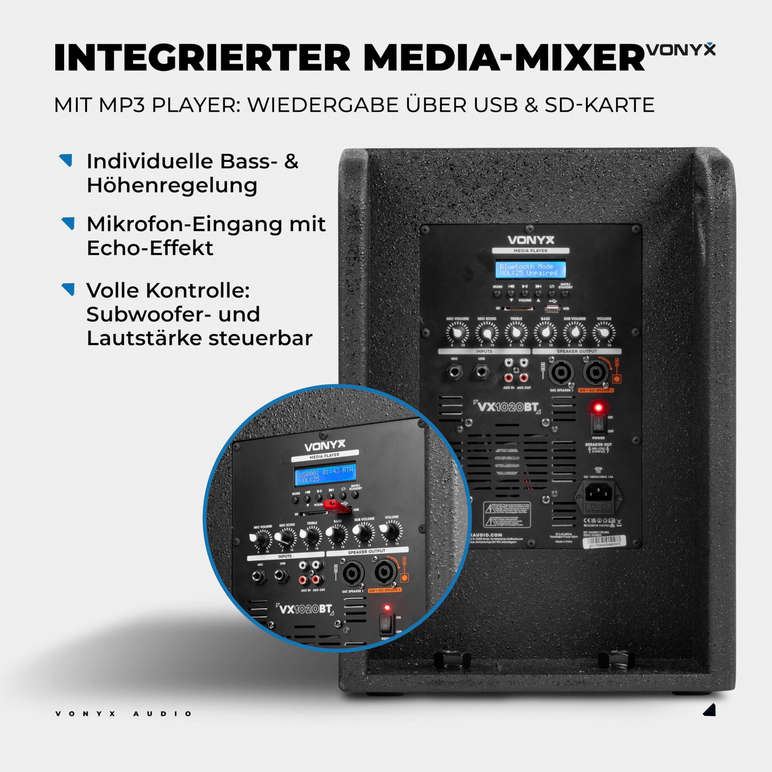 Vonyx VX1020BT - PA Anlage Komplettset 2.2-1050 Watt DJ Set, Musikanlage Bluetooth, 2X 10 Subwoofer, Topteile, Mikrofon, Trolley & Stative – Aktive PA Lautsprecher für Party & Karaoke