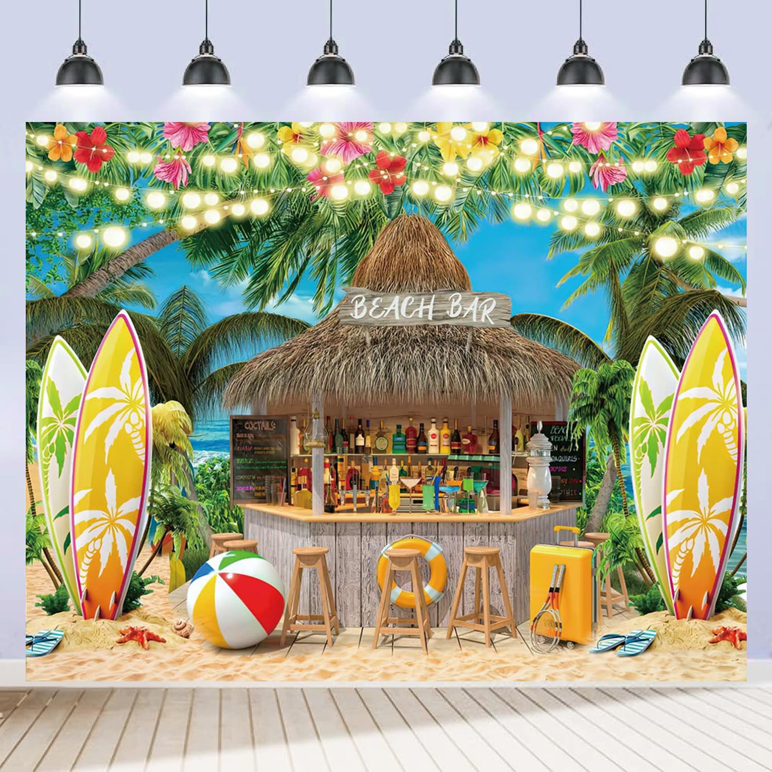 Hawaiian Beach Backdrop 10x8ft Summer Tropical Palm Tree Leaves Bar Surfboard Seaside Ocean Sea Photo Background Large Luau Aloha Hawaii Pool Party