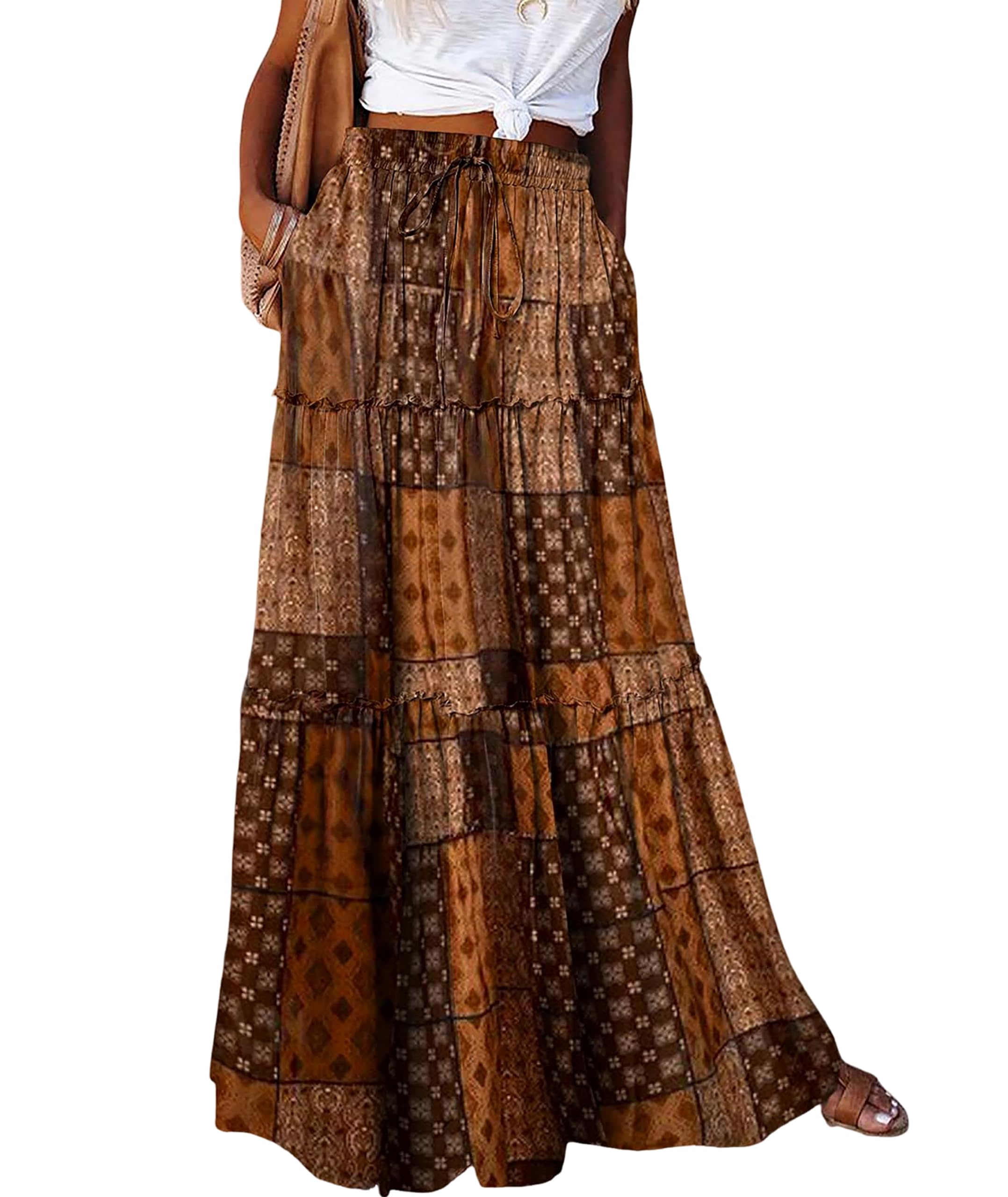 EARKOHA Maxirock für Damen im Boho-Stil 2026, lässig, hohe Taille, fließender langer Rock mit Taschen, für Strandurlaub