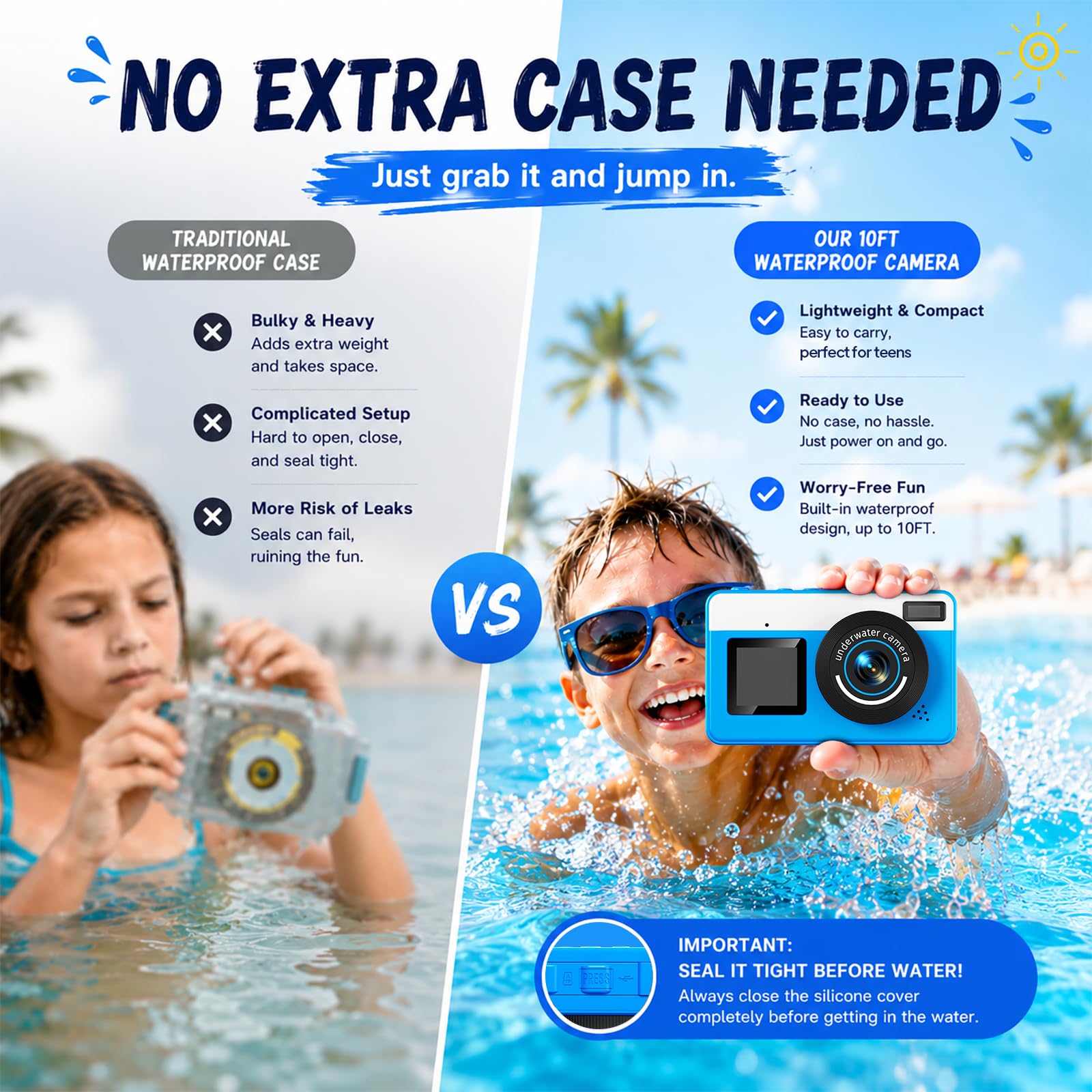 Maxmango D70 Cámara Acuática 4K 48MP, Cámara Impermeable 10FT para Piscina y Playa, Doble Pantalla Autofocus Zoom 18X, Cámara Flotante Regalo para Adolescentes y Principiantes con Tarjeta 16GB, Azul