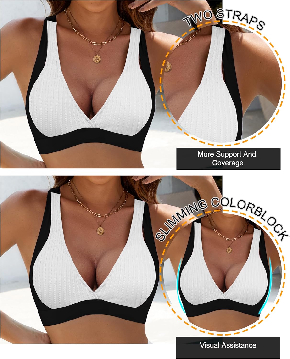 BMJL Women's High Waisted Bikini Sets Modest Tummy Control Swimsuit Two Piece Drawstring Bathing Suit (Black & White,L) - Image 4