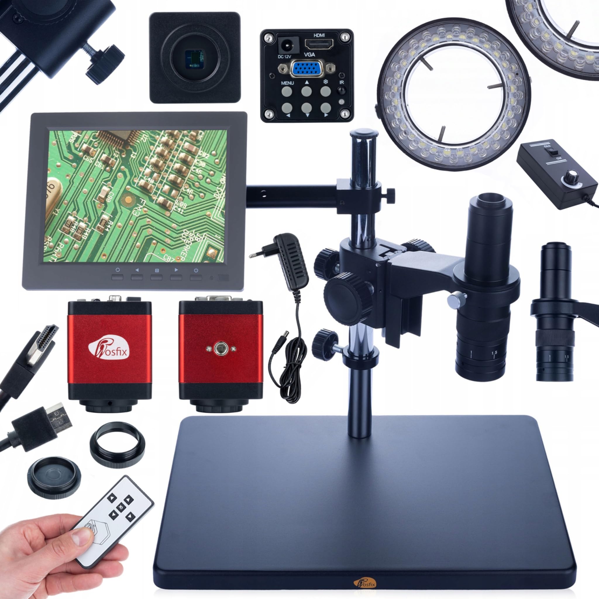 Rosfix Earth Pro MCEP-0.5X - Microscopio digital con zoom de 7 a 45x, anillo de luz 56 LED y cámara HDMI/USB, montura C, para electrónica, biología, industria, sistema de microscopía
