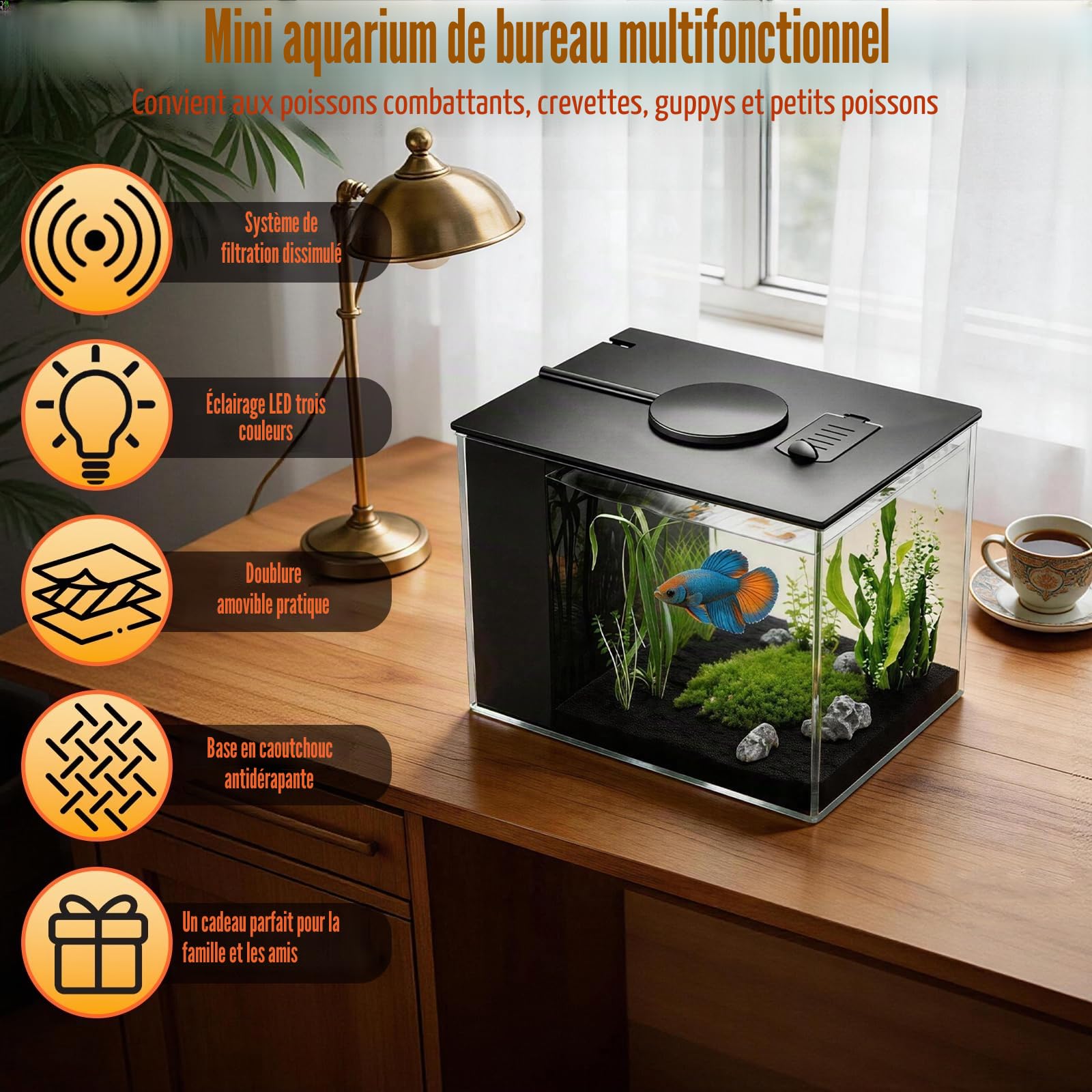 Mini-Aquarium en Acrylique de 3,7 L avec Pompe-Filtre, éclairage LED, kit Complet pour Petit Aquarium à Betta, adapté aux Petits Poissons, crevettes et Plantes (Noir)