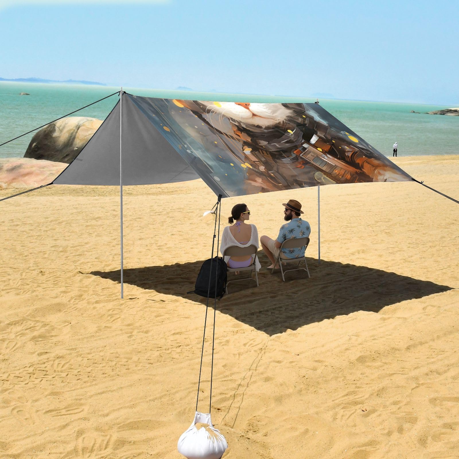 Coole Katze Soldat Kunstwerk Strandzelt Sonnenschutz Camping-Vordach,Einfach Aufzubauen,Tragbar mit Sandsäcken für Angeln und Picknick im Freien
