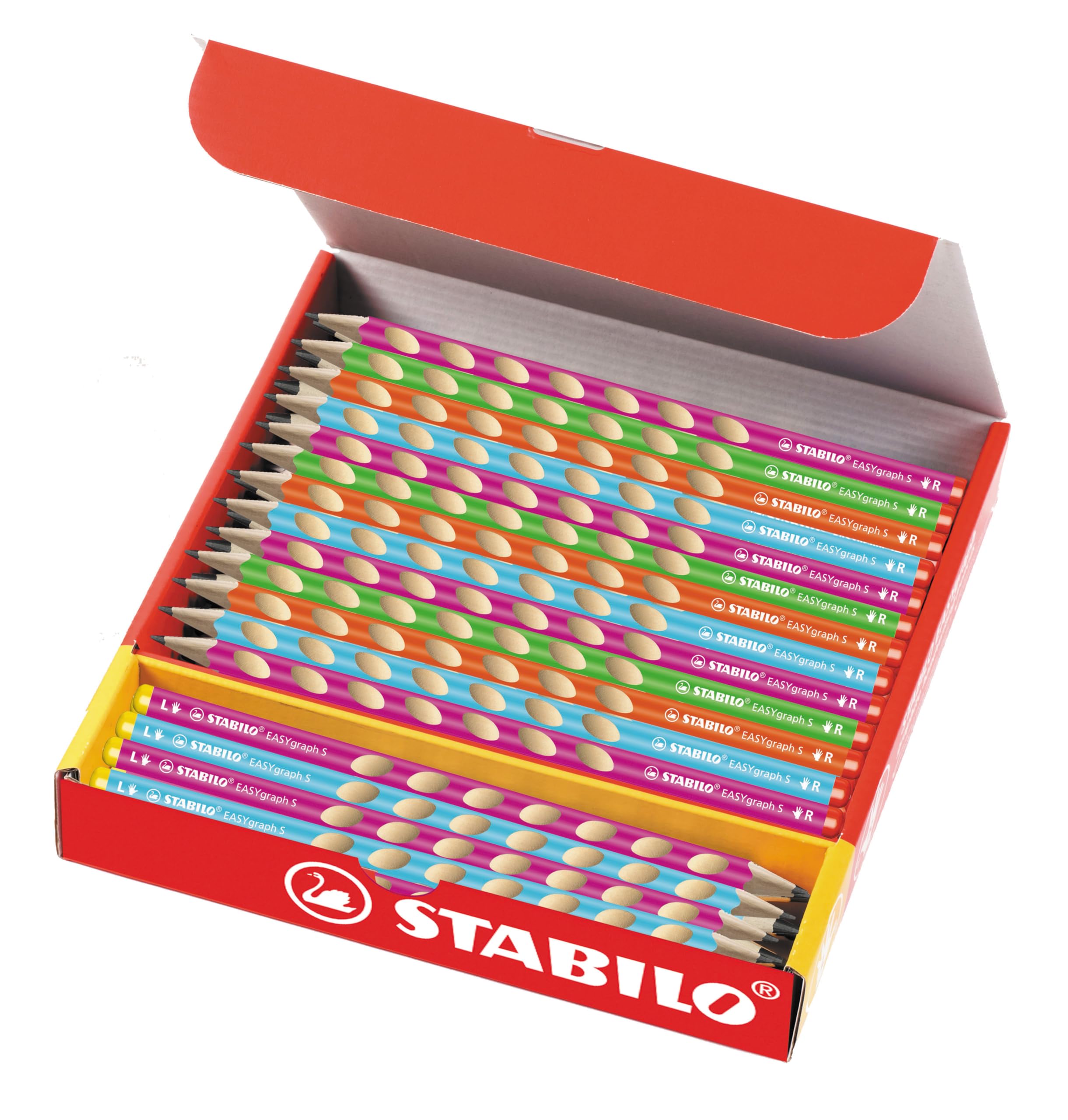 STABILO EASYgraph S - Crayon graphite ergonomique fin - Classpack de 48-8 gauchers et 40 droitiers - Couleurs assorties - Degré HB
