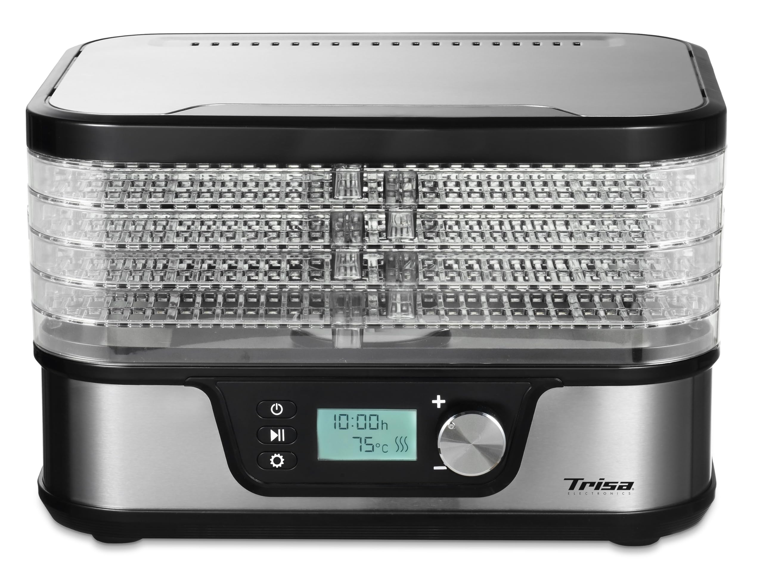 Trisa Healthy Snack Dörrautomat, 380W, 35-75°C, LCD-Display, 5 Jahre | 380W Umluft-Dörren, 35–75°C präzise regelbar, LCD-Display mit Timer, Wählbar 3 oder 5 Gitter, Kräuternetz inklusive