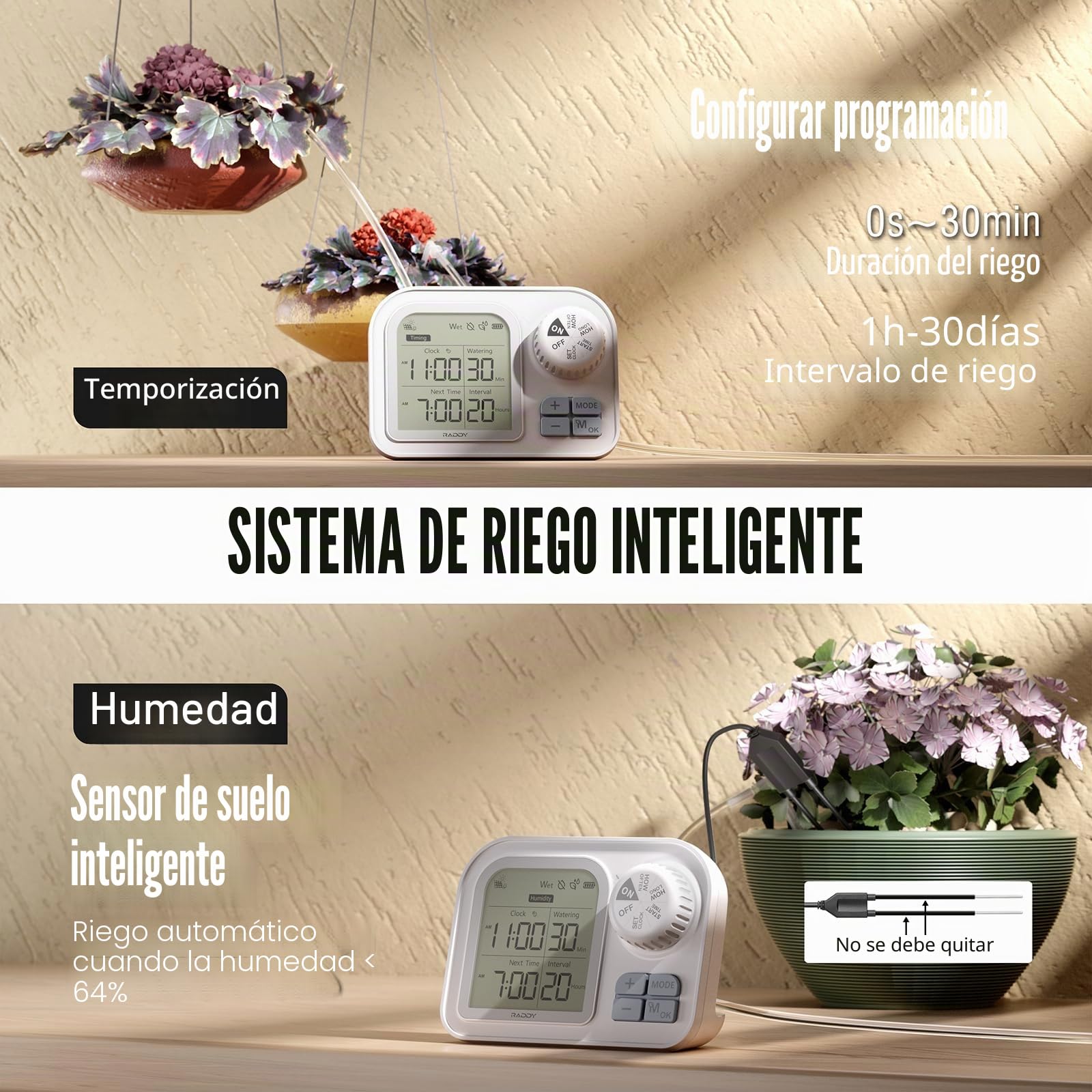 Raddy Sistema de riego solar WS-74 con control de aplicación inteligente, IPX7 resistente al agua, sensor de humedad del suelo ajustable, batería de 2600 mAh, juego de riego automático por goteo para