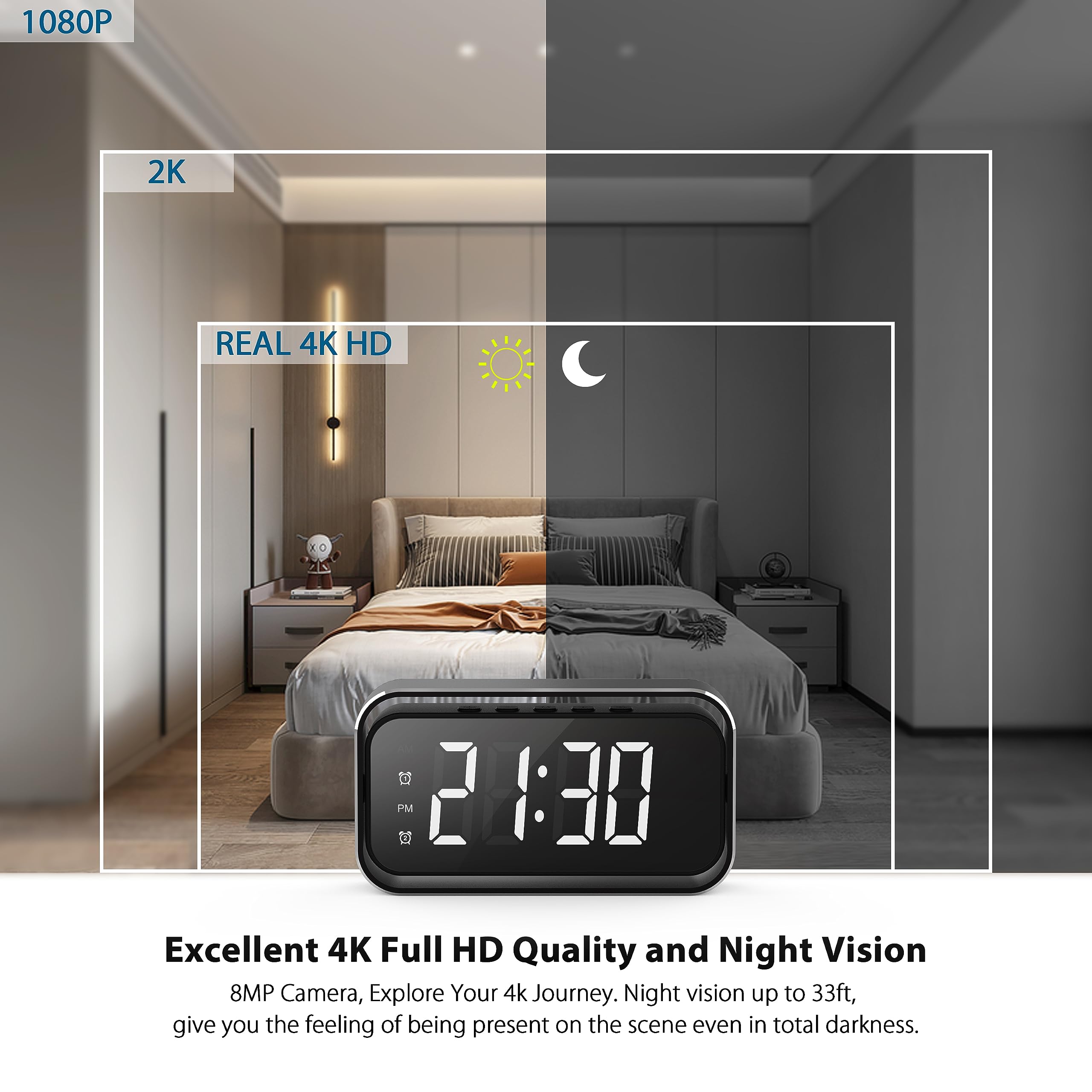 Wireless Security Camera for Home Security, 4K Nanny Cam with Two Sets of Alarm Clock Setting for Indoor Safety, HD Night Vision & Motion Detection Alerts, Security Recording with Mobile Phone App