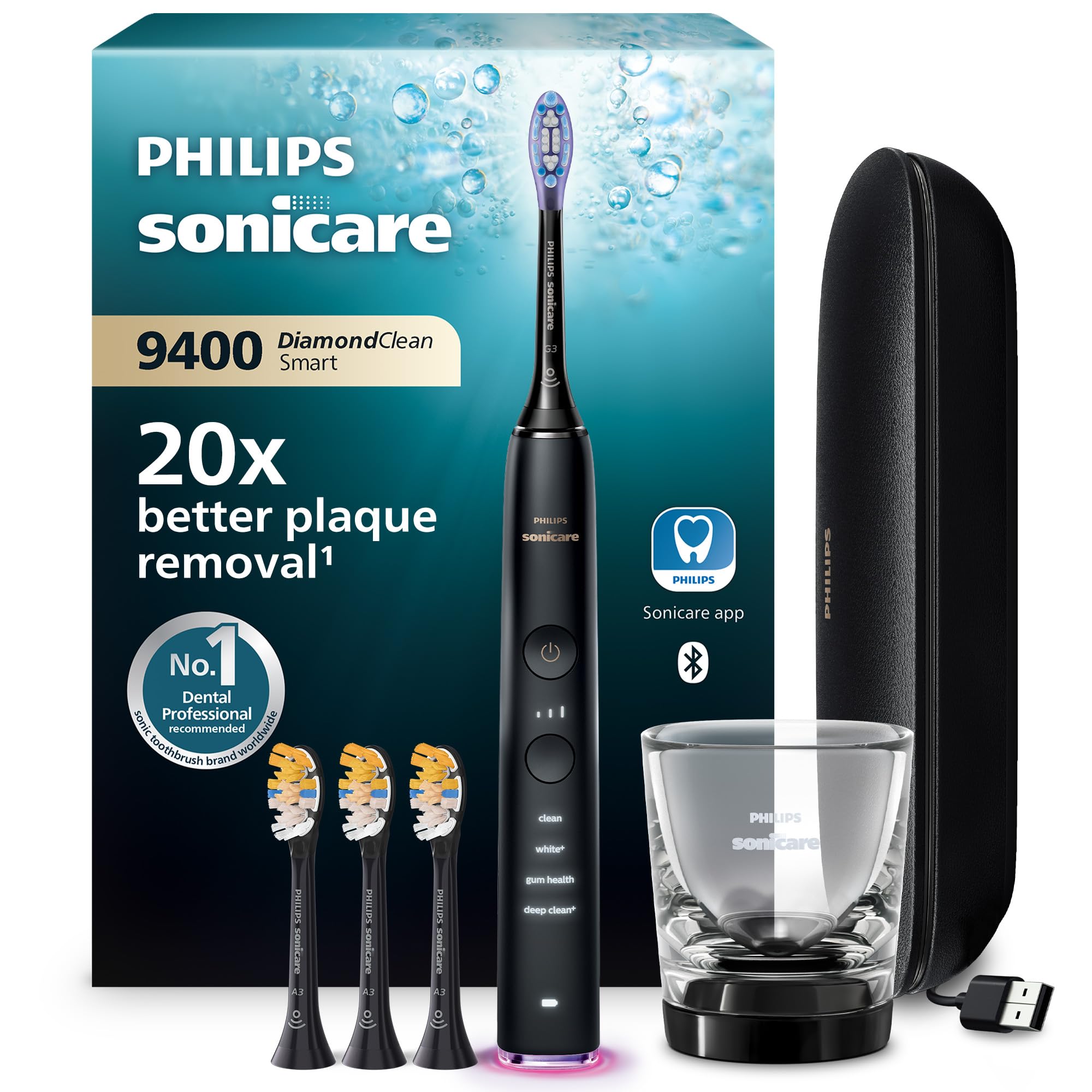 Philips Sonicare DiamondClean Smart 9400 spazzolino elettrico, spazzolino sonico con app, sensore di pressione, 4 modalità di spazzolamento e 3 livelli di intensità, nero, modello HX9918/89