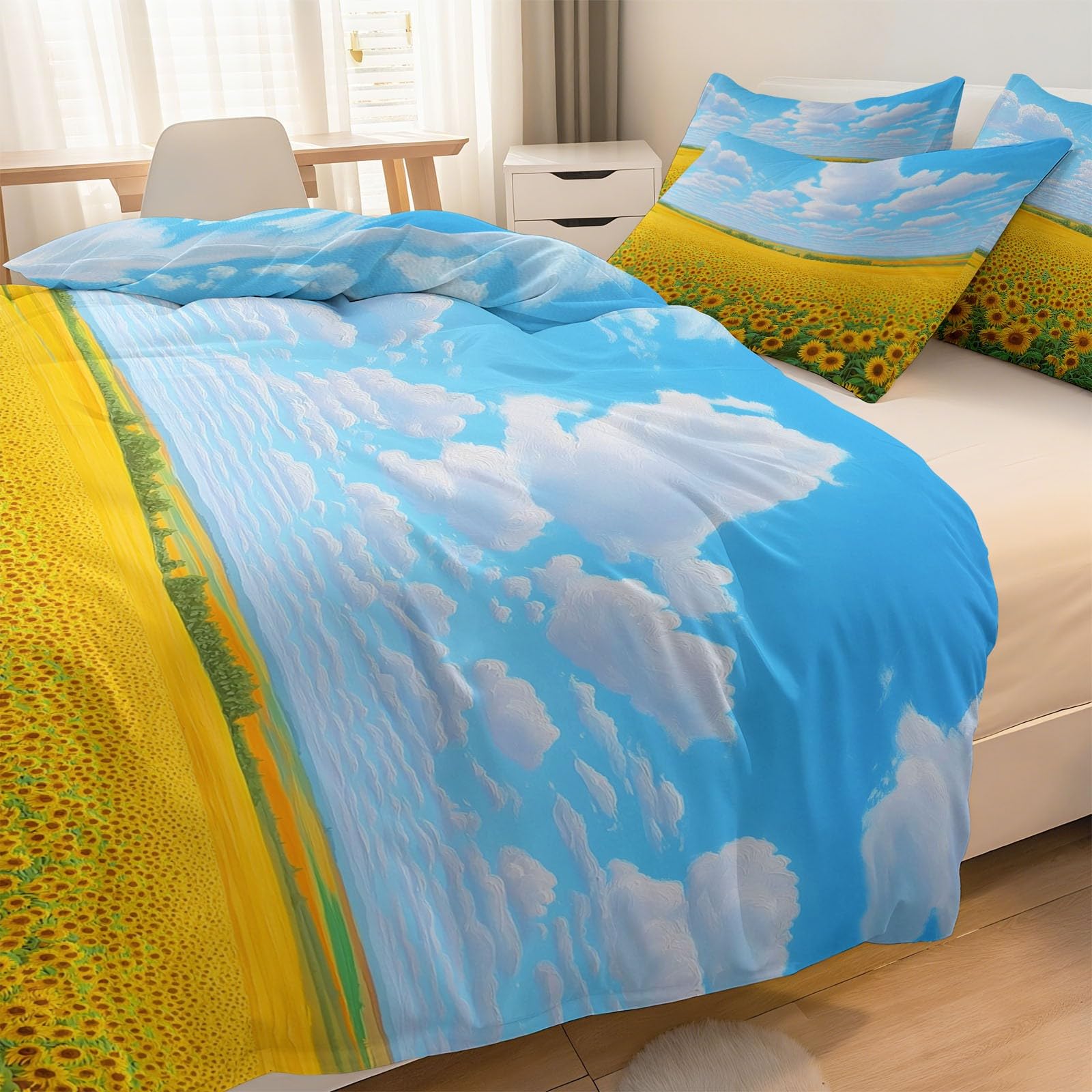 Poszewka na kołdrę 155 x 220 cm, nowoczesny zestaw pościeli premium, 100% mikrofibra, 3-częściowa poszewka na kołdrę + 2 poszewki na poduszkę 80 x 80 cm, słoneczniki, pola kwiatów, krajobraz renforcé