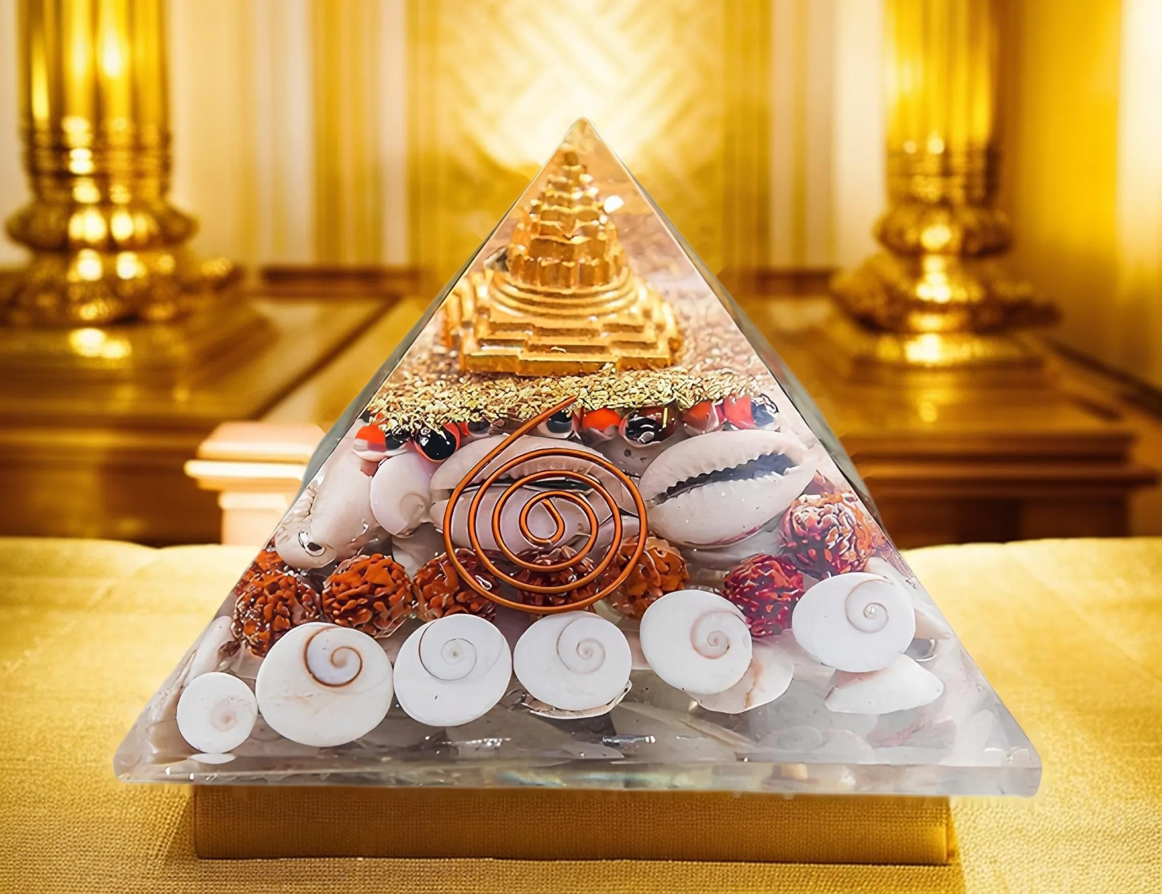 YASHVITH Orgone Gomti Chakra Shree Yantra Crystal Mahalaxmi Pyramid with Good Luck & Removing Negativity Vaastu || Red & White Chirmi Seeds Rudraksha and Kauri