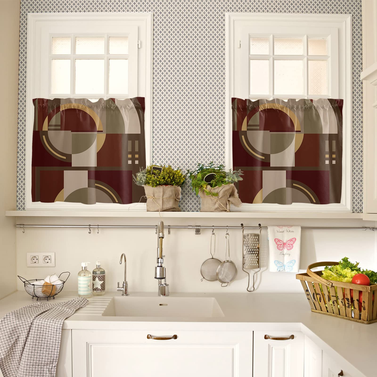 AAtter Red And Black Kitchen Curtain Set - 3 Piece Valance & Tiers, Burgundy Ombre Striped - View #7