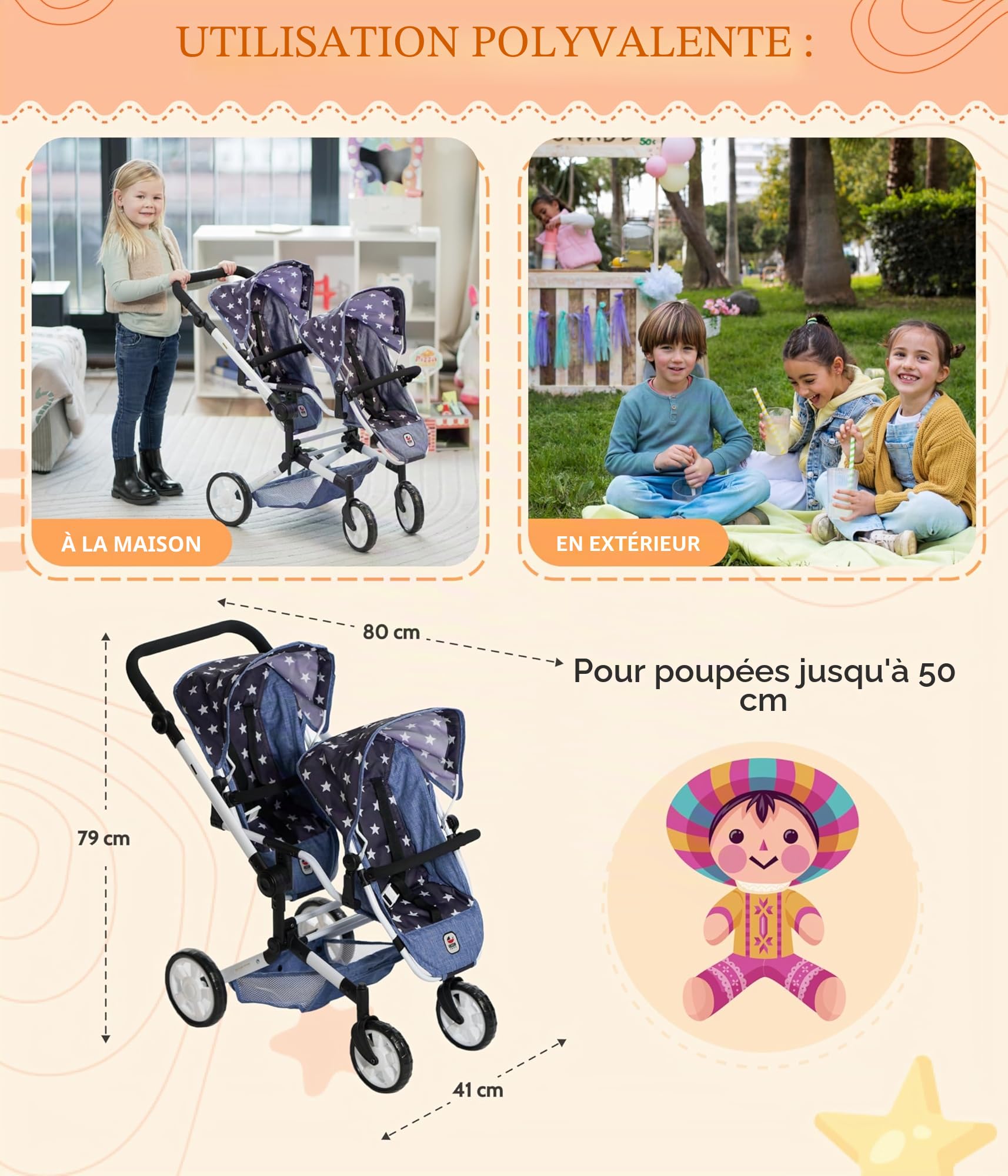 Bayer Chic 2000 Poussette poupée Double Linus Duo Pliable réglable | Poussette double pliable avec poignée réglable de 50 à 82 cm, conçue pour transporter 2 poupées.