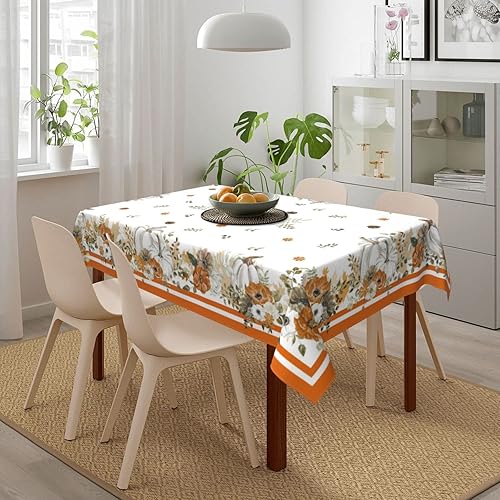 Miniatura 5 de Mantel rectangular de otoño de 60 x 84 pulgadas, mantel impermeable con flores de calabaza blancas, mantel de Acción de Gracias, hojas de arce,