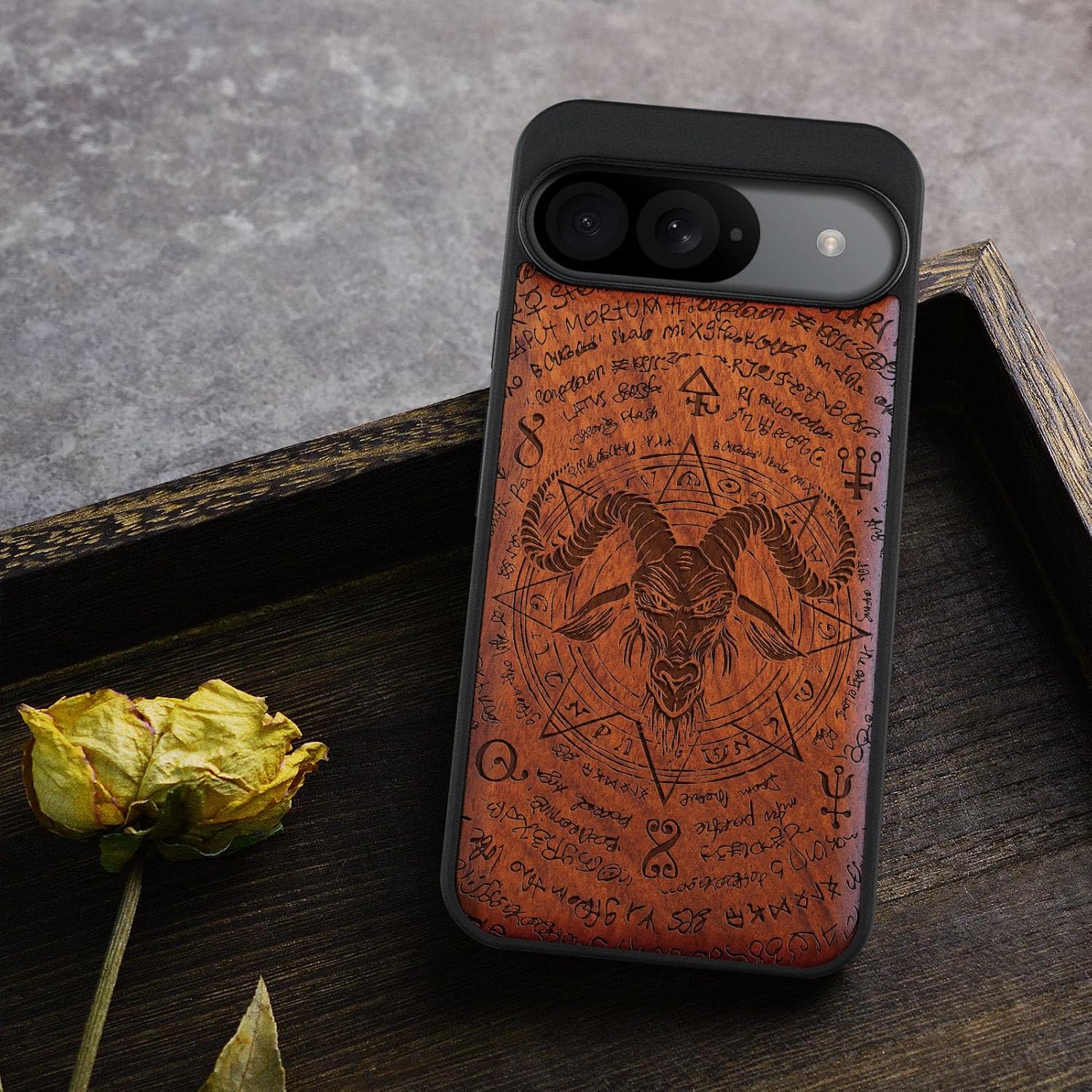 Carveit Wood Case for Pixel 9 Case [Natural Wood & Black Soft TPU] Shockproof Protective Unique Wooden Cover Compatible with Google Pixel 9 (Horned Goat-Rosy)
