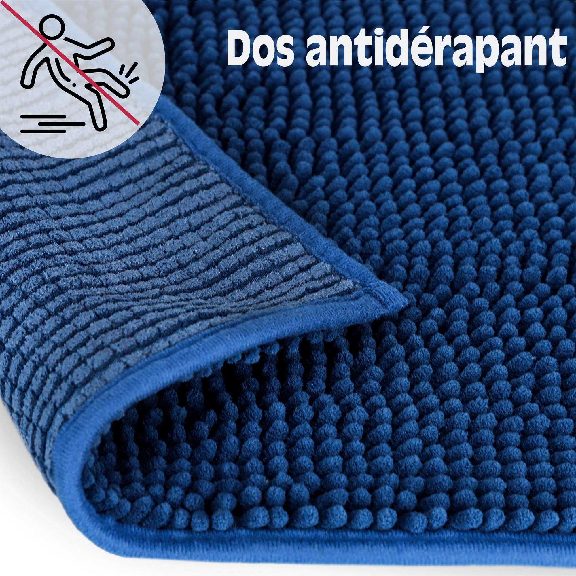 WohnDirect Tapis de Bain Bleu foncé 45x45 cm découpe – Antidérapant, Absorbant, Chenille Microfibre Ultra Douce – Confort Salle de Bain, Lavable Machine, Séchage Rapide