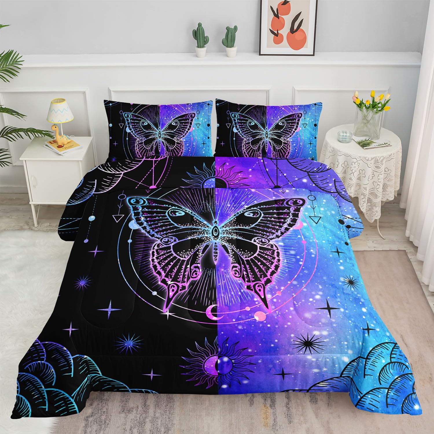 Smell Sunshine 3D Butterfly Comforter Set Blue Black Symmetrical Butterfly Printed Bedding Set with 1 Comforter and 2 Pill...