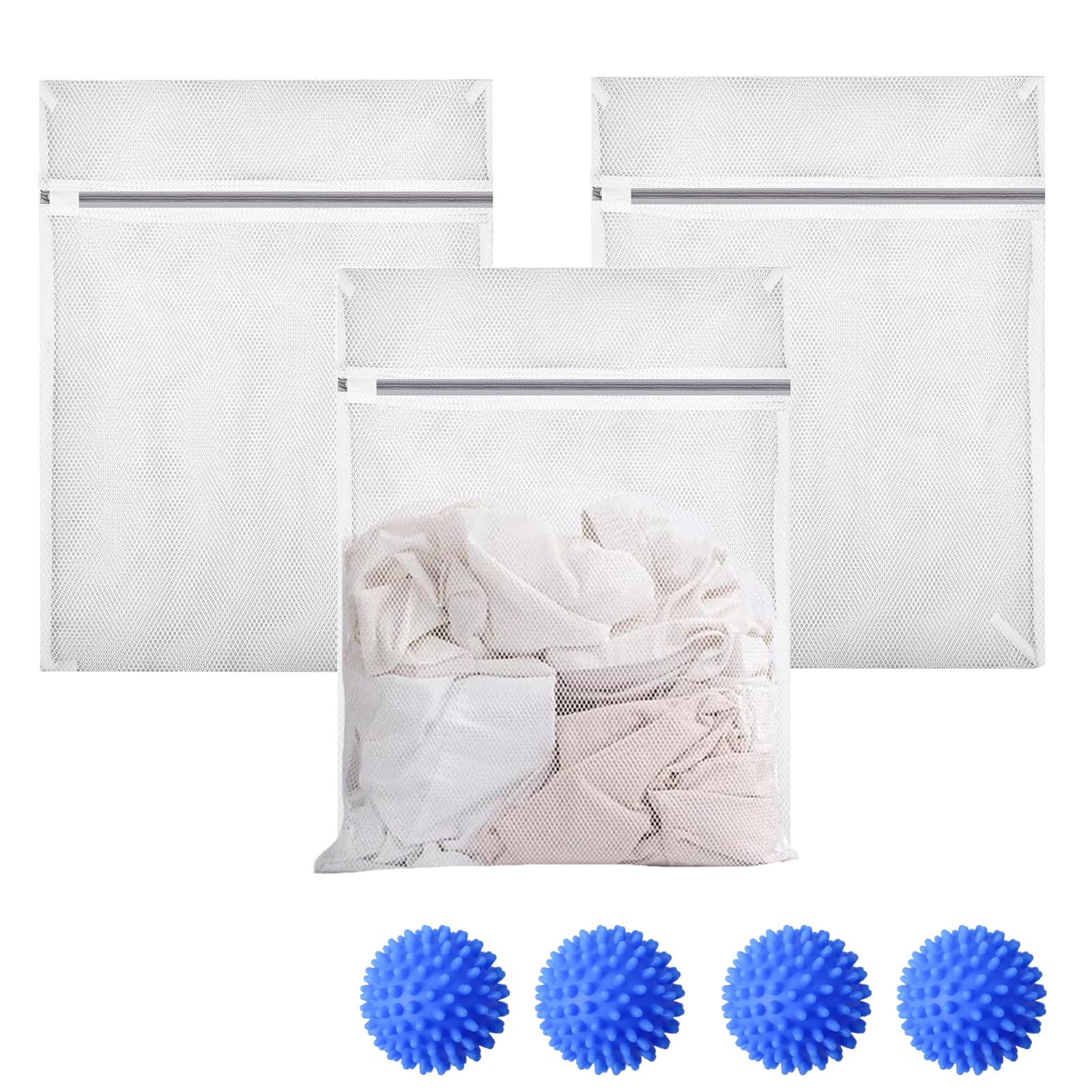 Duzapku White, Blue Mesh Laundry Bags, 3 Pcs 60X50cm Washing Machine Bags With Zips With 4 Blue Tumble Dryer Balls, Reusable Washing Machine Bag For Washing Machine For Clothes Socks Underwear Bra