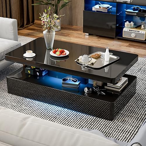 Miniatura 7 de Mesa de centro LED moderna, mesa de centro negra de alto brillo con luces LED de 16 colores, rectangular, 43.3 x 23.6 x 15.4 pulgadas