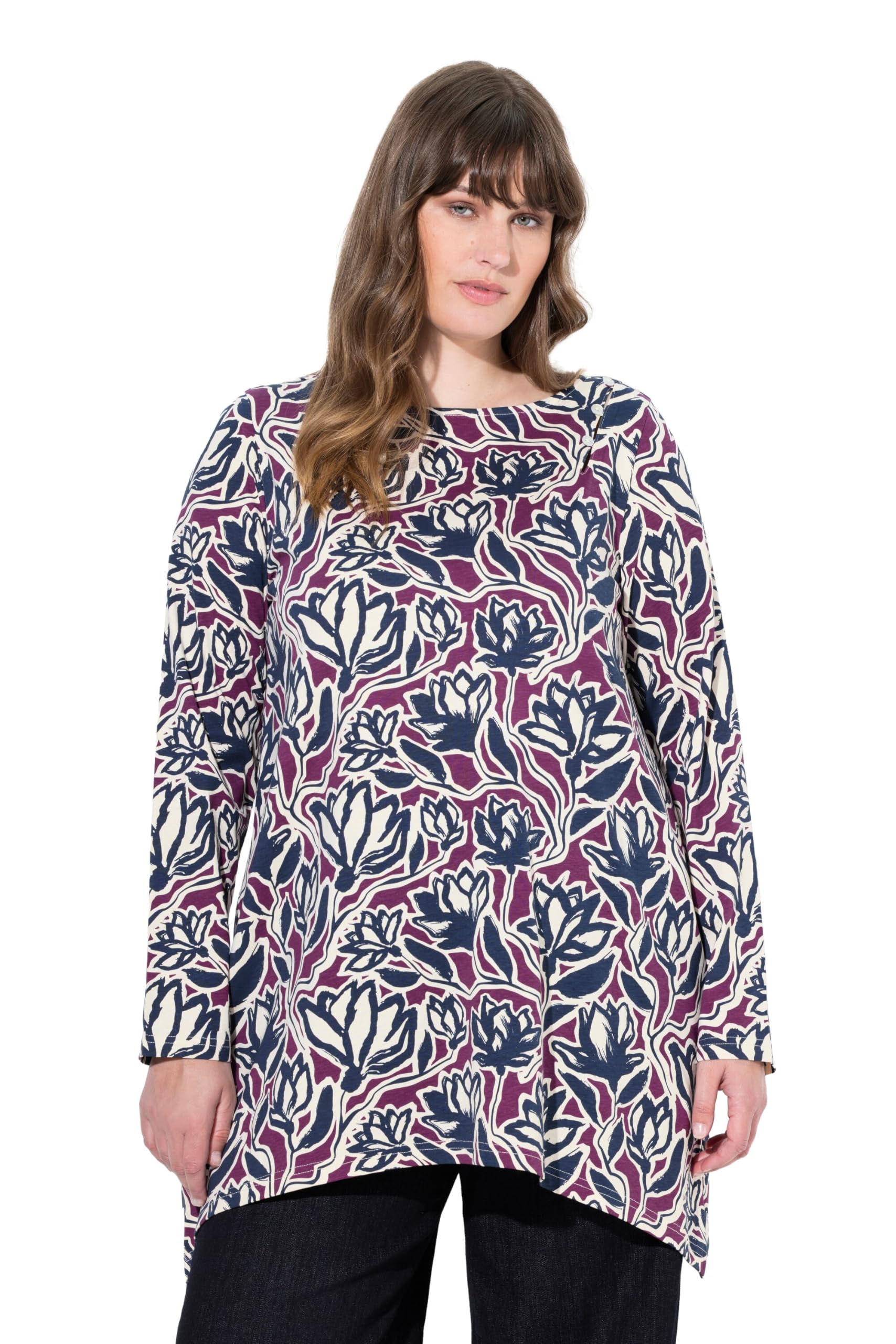 Ulla Popken Damen große Größen Übergrößen Plus Size Shirt, A-Linie, U-Boot-Ausschnitt, Langarm, Biobaumwolle 843810