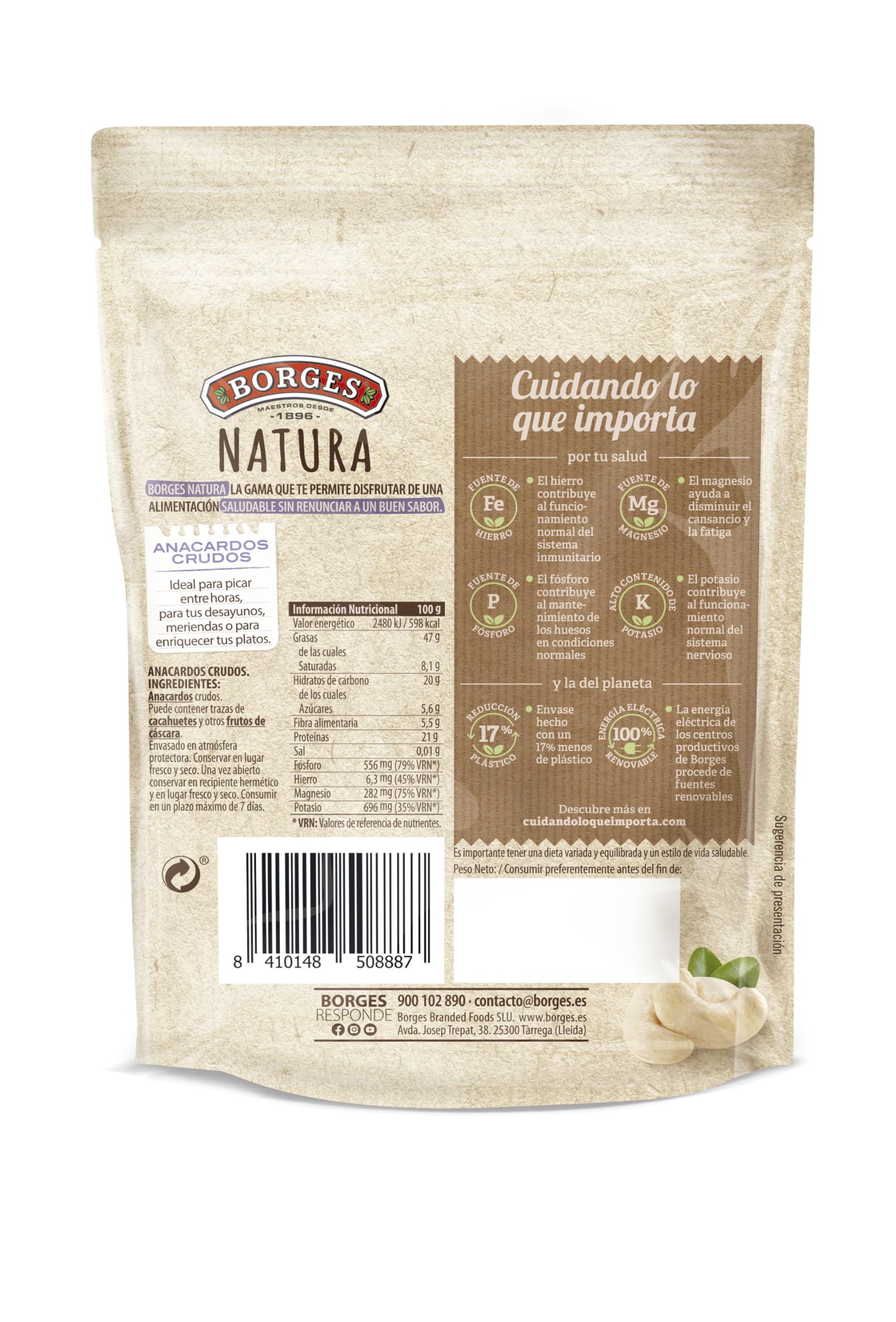 Borges - Anacardos Crudos Repelados Natura Borges - Vitaminas C y B - Ricos en Calcio, Hierro, Fibra y Ácidos Grasos que ayudan prevenir el Colesterol - Frutos Secos Sin Gluten - Paquete de 120g.