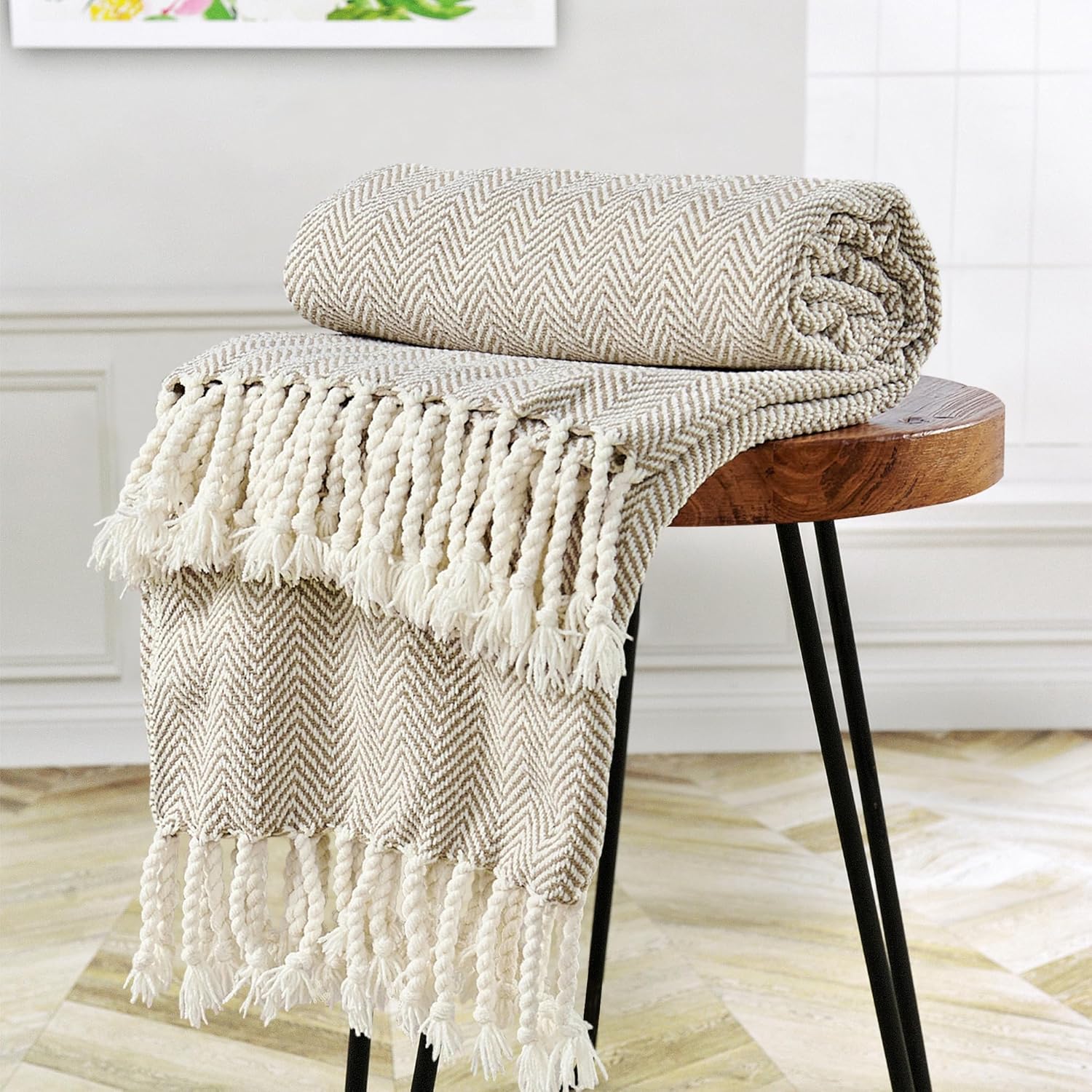 Herringbone Knitted Two Tone Throw Blankets with Braided Tassel Fringe, Boho Farmhouse Lightweight Turkish Throw Blanket for Couch Bed Sofa, Picnic, Yoga, Outdoor Blanket, 50 x 60 Inch, Beige