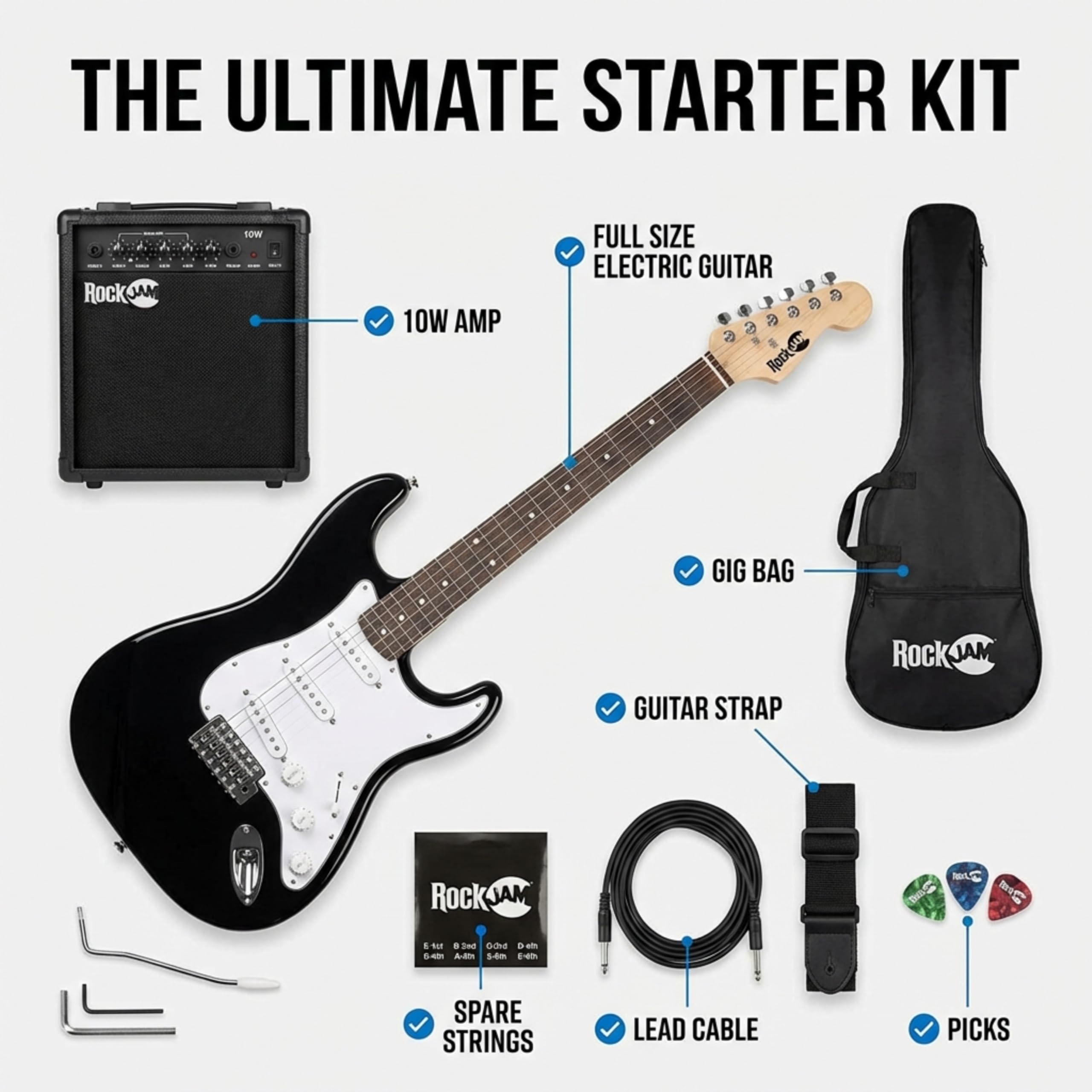 Kit per chitarra elettrica RockJam con amplificatore, borsa, vibrato, tracolla, cavo, corde di ricambio e lezioni