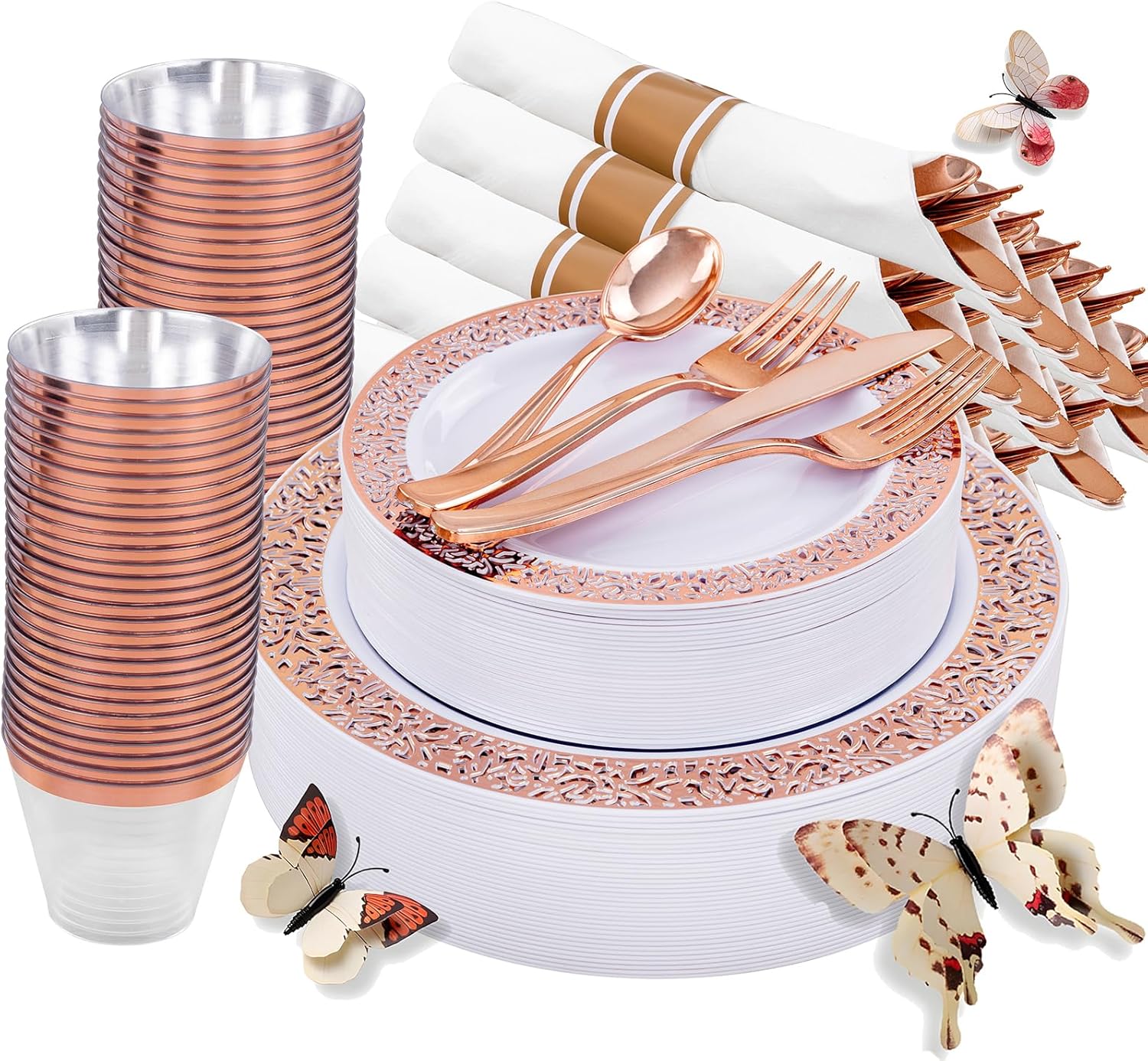 WELLIFE 350 PCS Rose Gold Disposable Dinnerware Set for 50 Guests, Disposable Rose Gold Lace Plates, Include:50 Dinner Plate, 50 Dessert Plates, 50 Pre Rolled Napkins with Silverware and 50 Cups Rose Gold 350 Piece Set