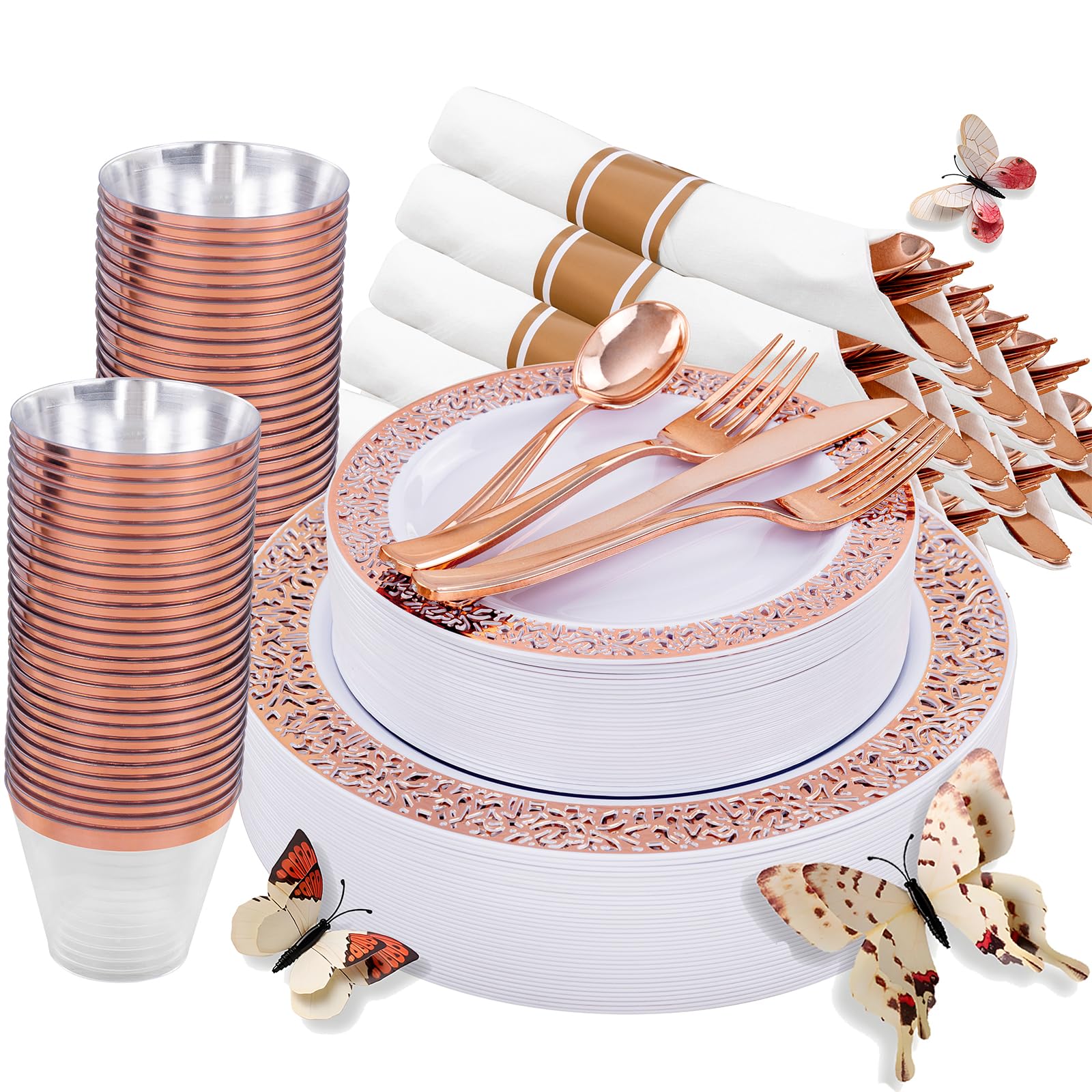 WELLIFE 350 PCS Rose Gold Disposable Dinnerware Set for 50 Guests, Disposable Rose Gold Lace Plates, Include:50 Dinner Plate, 50 Dessert Plates, 50 Pre Rolled Napkins with Silverware and 50 Cups