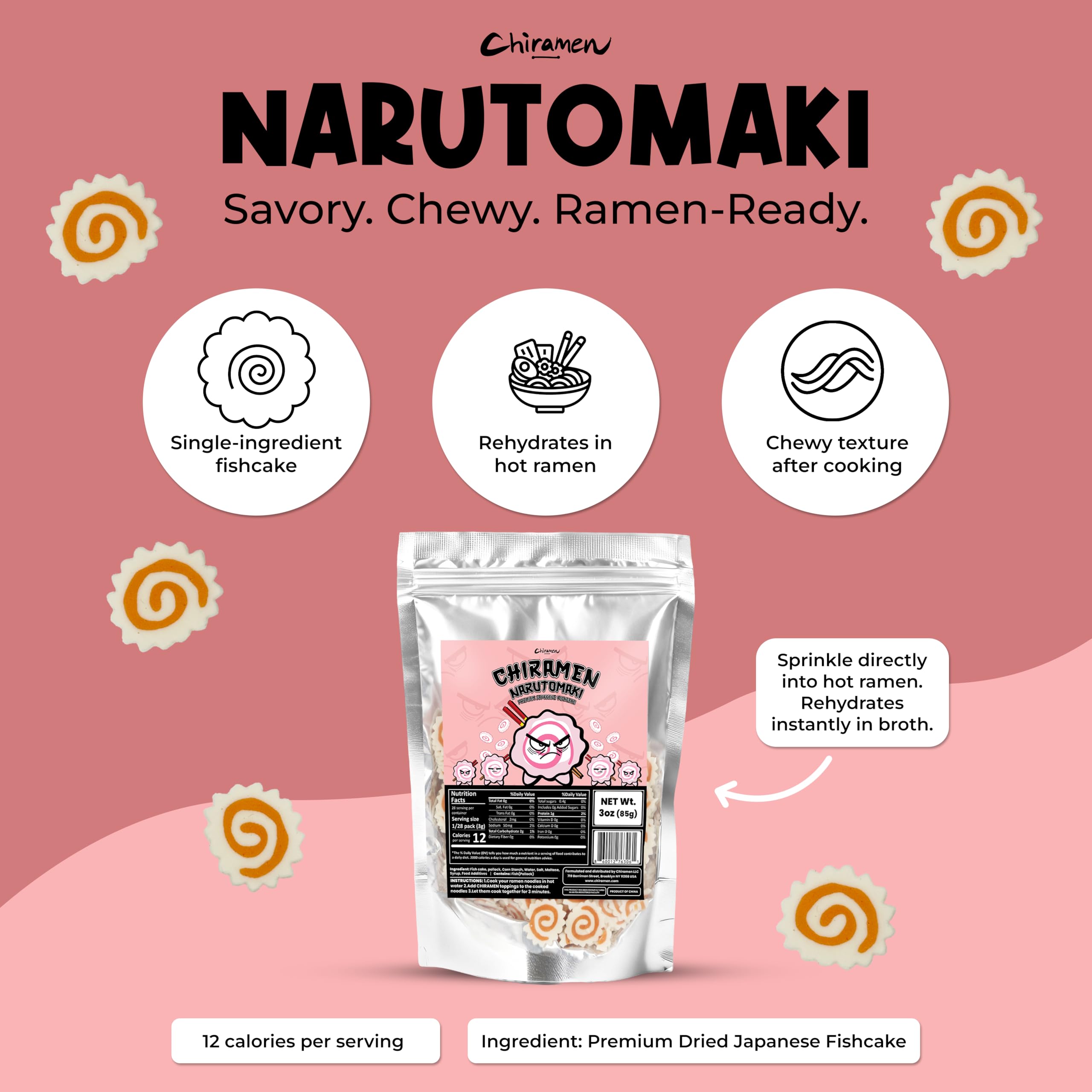 CHIRAMEN Dried Narutomaki Fish Cake Ramen Toppings – Classic Japanese Fish Cake Slices with Pink Swirl – Instant Noodle Topping for Ramen Bowls, Cup Noodles, Udon & Soup Garnish