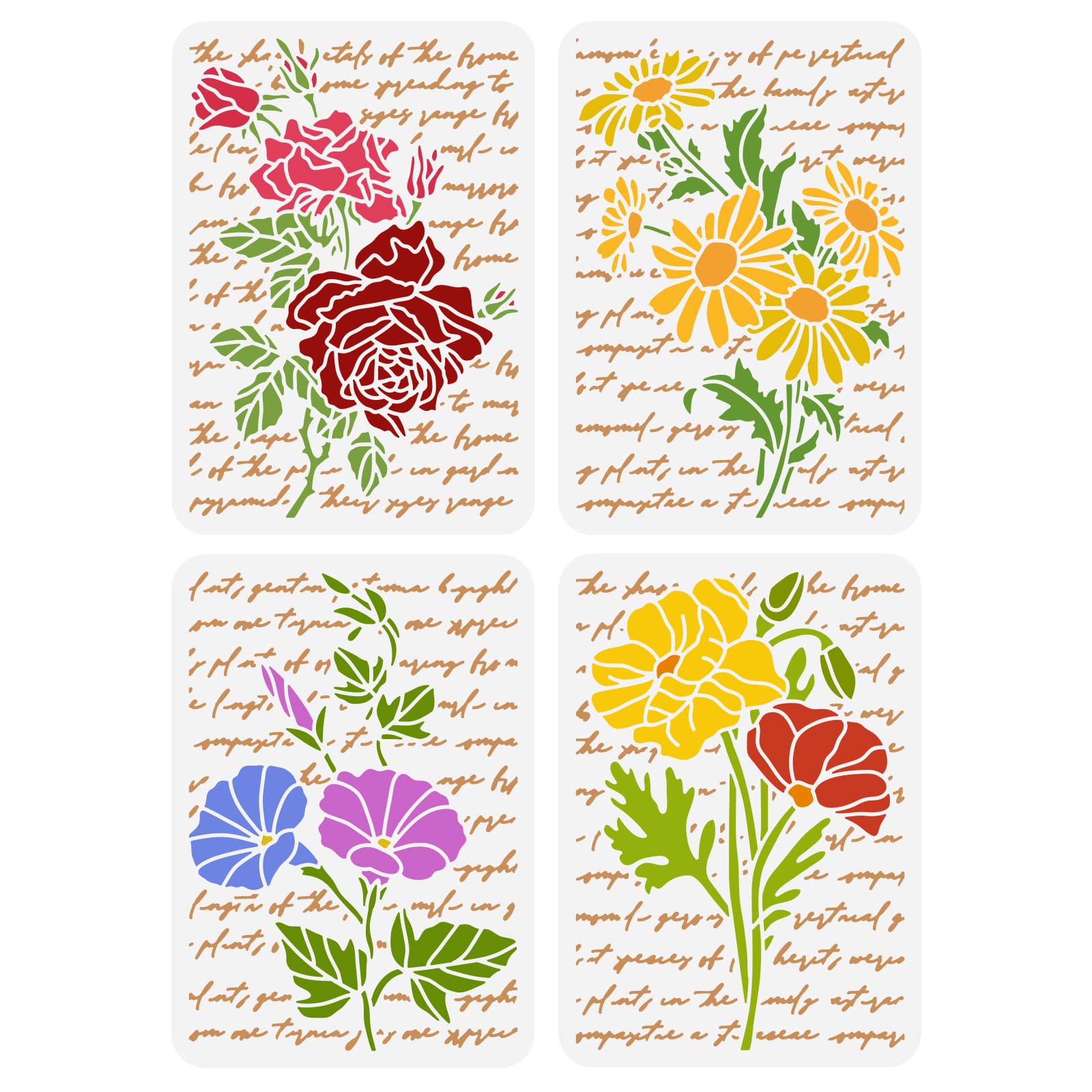 FINGERINSPIRE 4 pcs Vintage Text with Flower Stencil 8.3x11.7inch Reusable Rose Daisy Morning Glory Poppy Painting Template DIY Plants Floral Stencil for Painting on Wood, Wall and Furniture