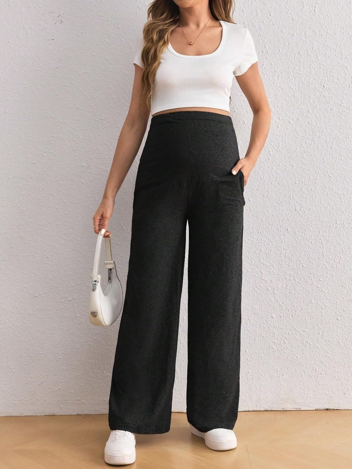 LALAGEN Womens Maternity Pants Adjustable High Waist Solid Color Wide Leg Pockets Pants