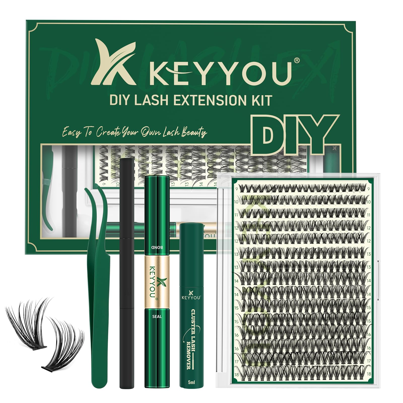 KEYYOU Lash Extension Kit DIY 300Pcs Lash Clusters Kit 40D 0.07 D Curl 9-18MIX Eyelash Extension Kit Individual Lashes Kit with Lash Bond and Seal, Lash Tweezers and Remover for Self Use