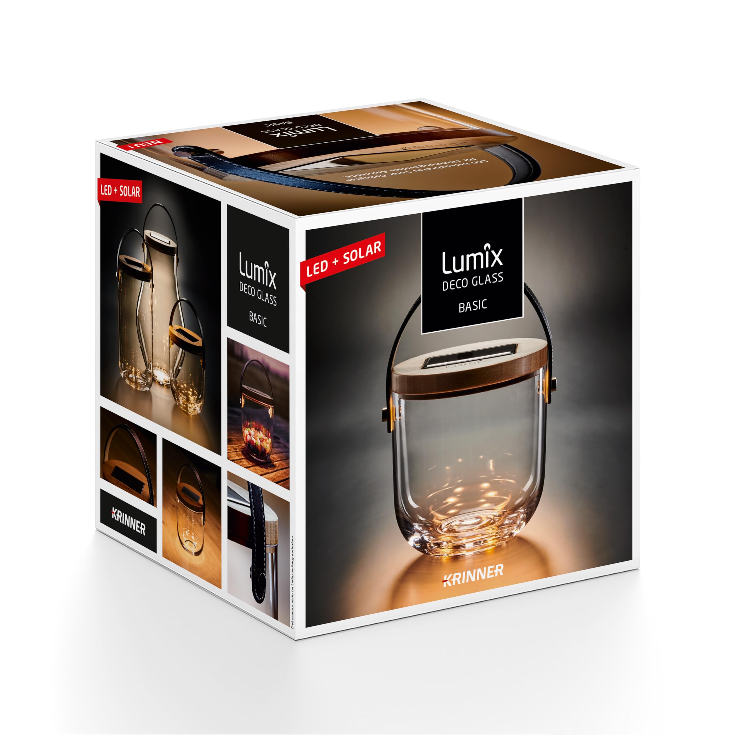LUMIX Deco Glass von KRINNER LED Solarleuchte Tischleuchte Leuchtglas Solarlaterne Mungeblasen mit Solarpabel Warmweißes Licht Bambusdeckel
