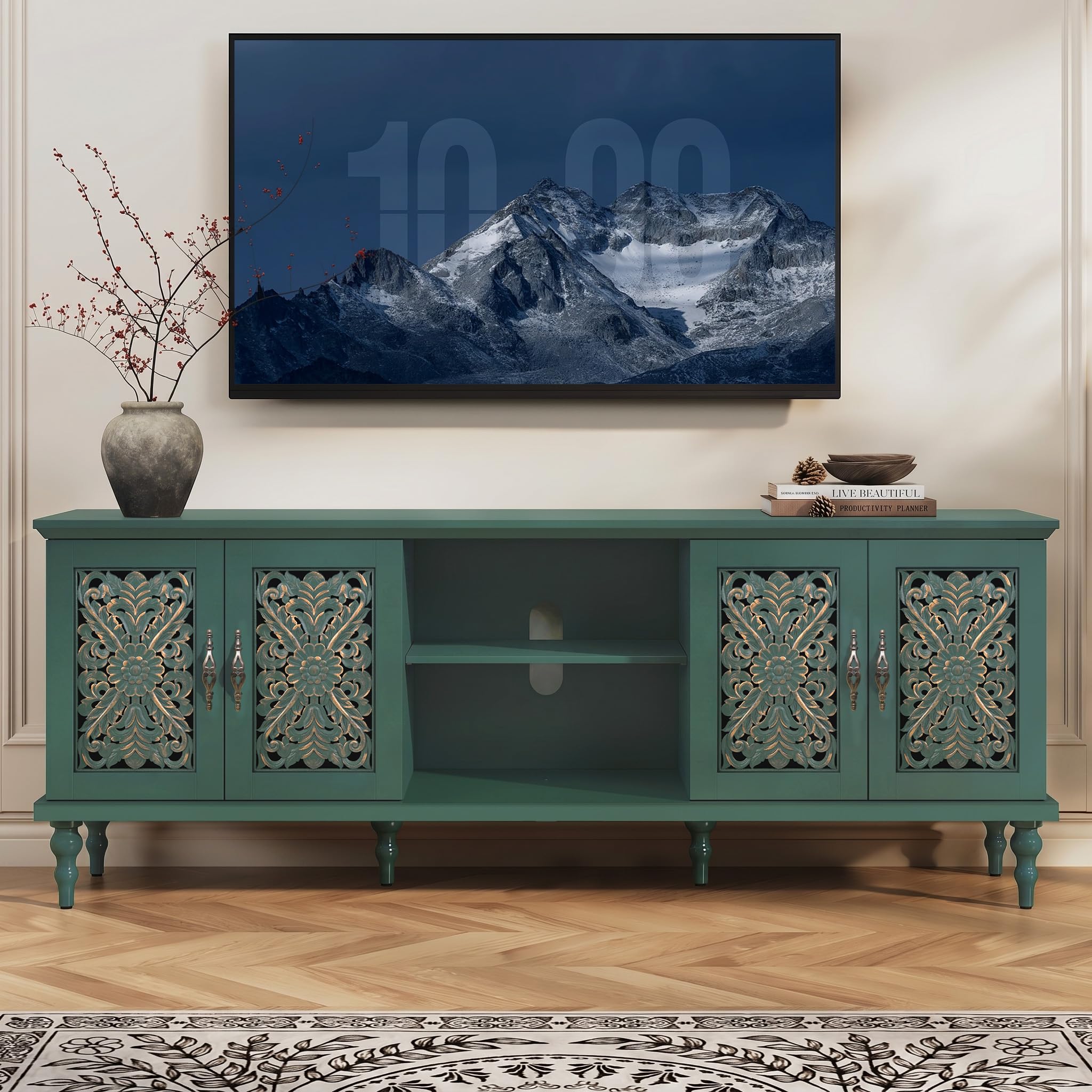 Mobile TV vintage con ante intagliate cave, ripiani regolabili e contenitore multimediale, elegante console per soggiorno e camera da letto, design elegante