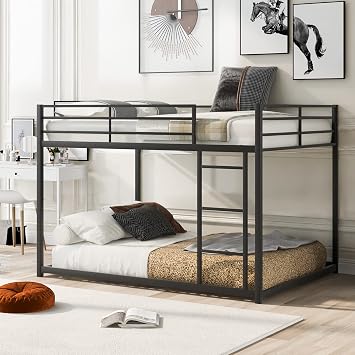 Bellemave Metal Bunk Bed Full Over Full, Low Profile Bunk Bed Frame with Ladder & Full Length Guardrail, Space-Saving Twin Size Bed Frame for Kids Teens, No Box Spring Needed (Black)