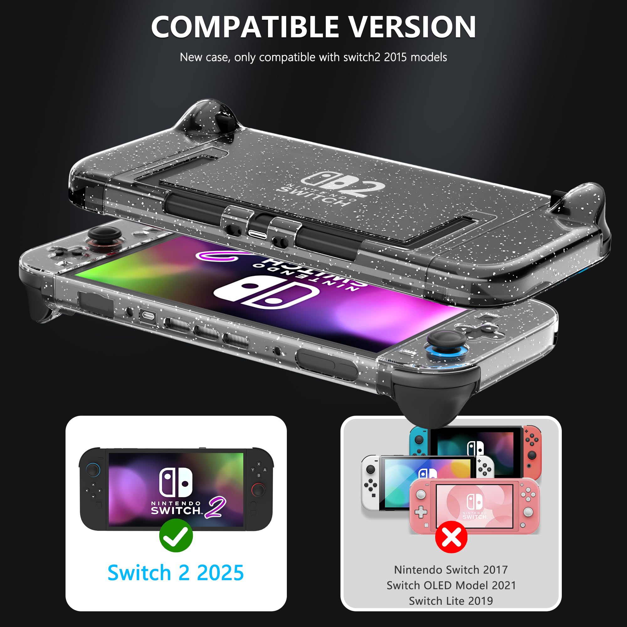 FANPL Custodia trasparente glitterata per Nintendo Switch 2 (2025), custodia protettiva agganciabile per Switch 2 e controller Joy Con con pellicola protettiva per lo schermo, 4 tappi per pollice