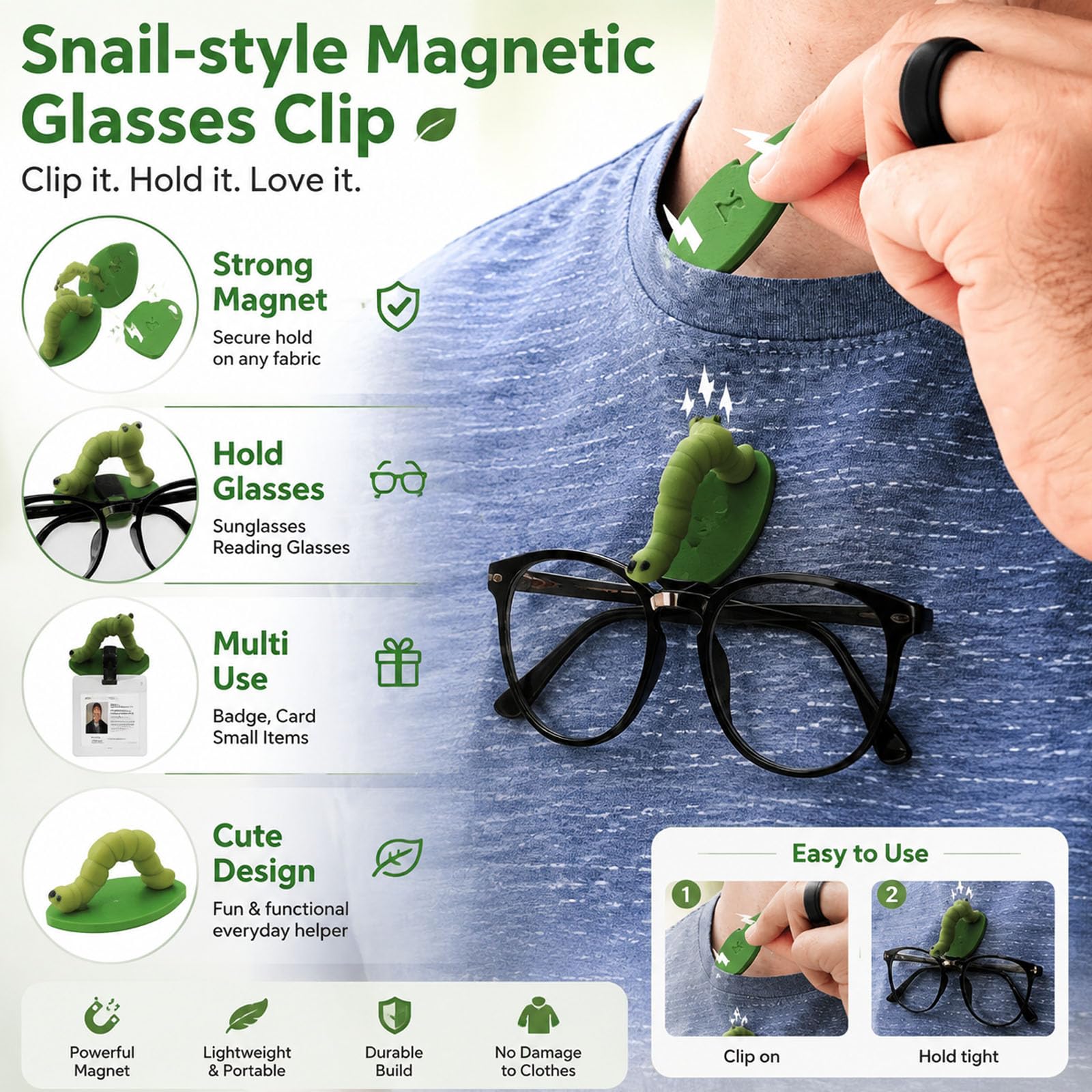Clip magnético para gafas estilo caracol, soporte para gafas | Sujetador de vidrio con forma de gusano para ropa, alfiler de lectura para gafas de sol, accesorio de almacenamiento
