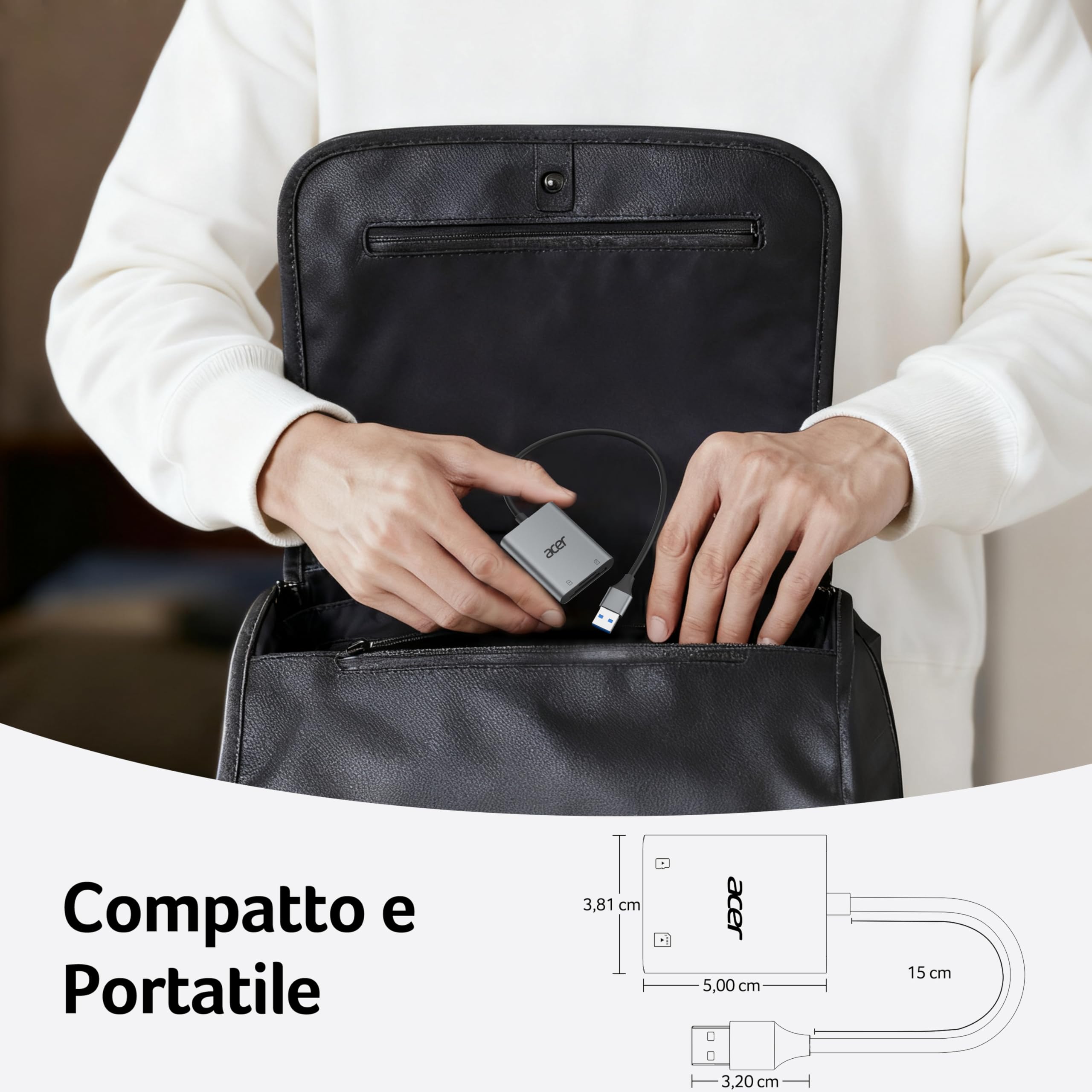 Acer Lettore di schede SD USB 3.0 con cavo, SD Card Reader usb per fotocamere in alluminio UHS-I, adattatore USB-A micro SD ad alta velocità, compatibile con SDXC, micro SDHC, TF, RS-MMC, computer