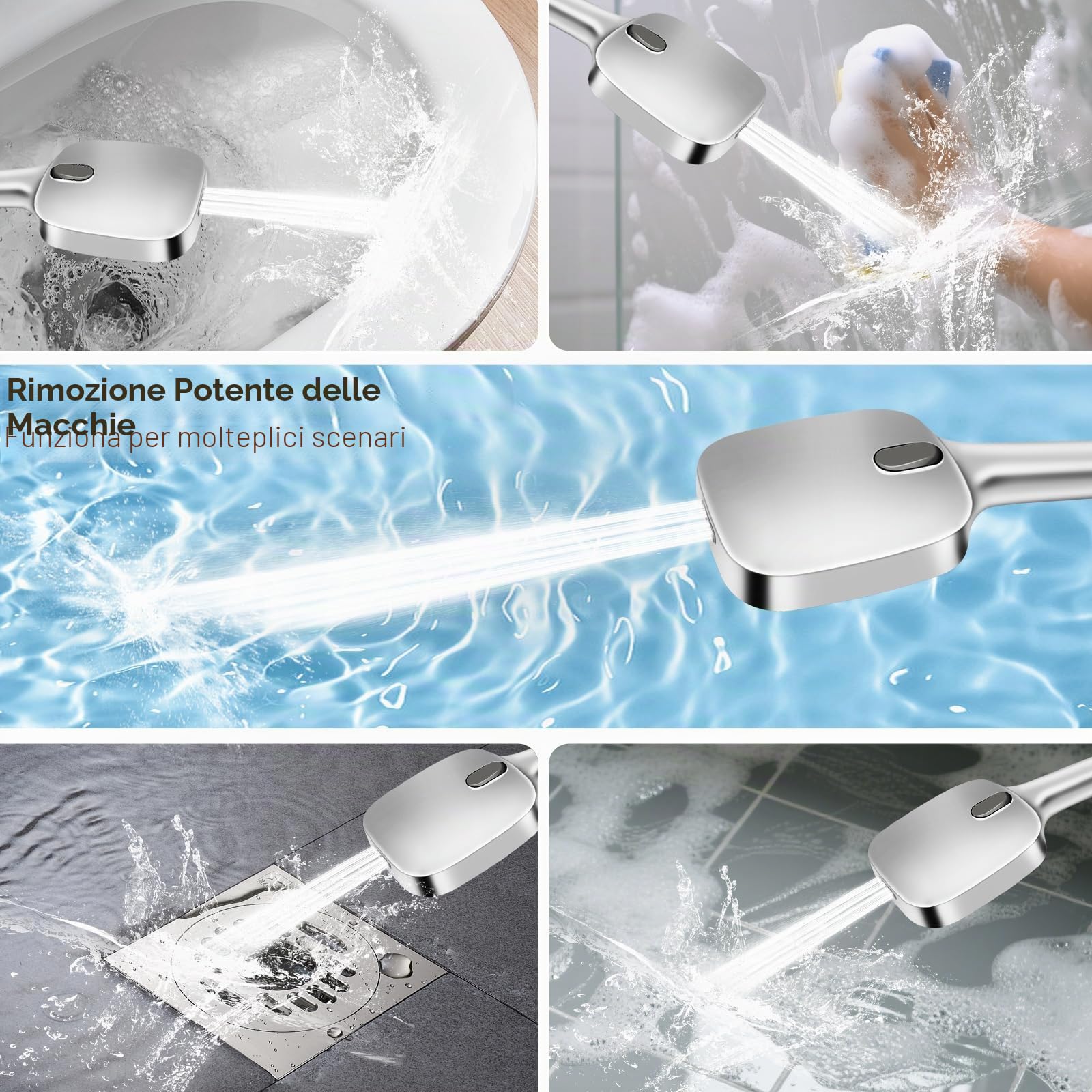 HNOOM Kit Doccia Completo, Soffione Doccia Quadrato 120mm Alta Pressione + Tubo 1.5M + Supporto Senza Fori, 8 Modalità, Anticalcare, Universale per Doccia Bagno（Argento）
