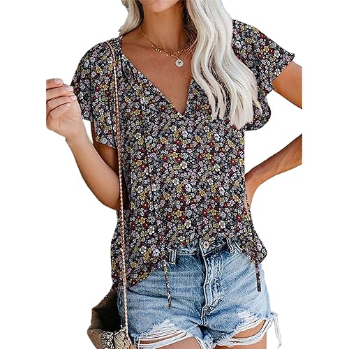 SimpleFun Women's Boho Tops Floral V Neck Short Sleeve Summer Blouse Shirts