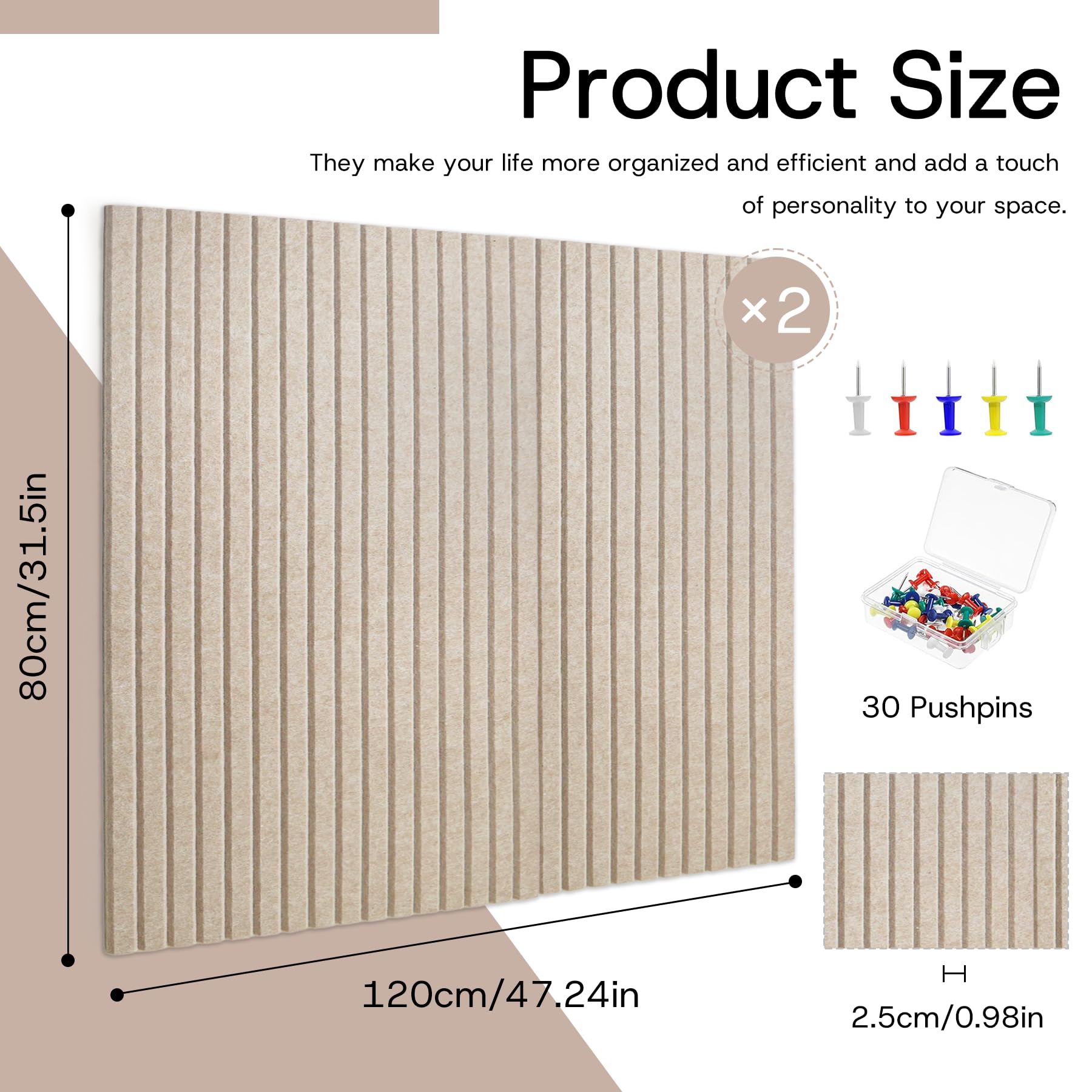 Duża filcowa tablica korkowa z 30 pinezkami, 80 x 120 cm, tablica filcowa, tablica memo z samoprzylepną tylną stroną do ścian, "zrób to sam", dekoracyjna jasnobrązowa tablica do przypinania