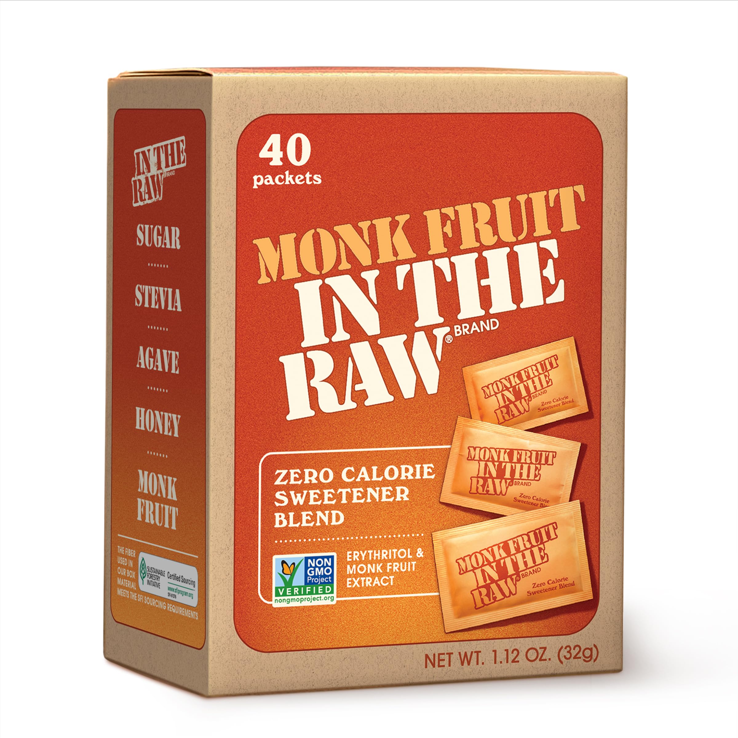 Monk Fruit In The Raw Sweetener Packets, 40 Ct, Keto Certified Monk Fruit Sweetener Packets, Zero Calories, Zero Net Carbs, Non-GMO Project Verified, Vega, Low Glycemic Index